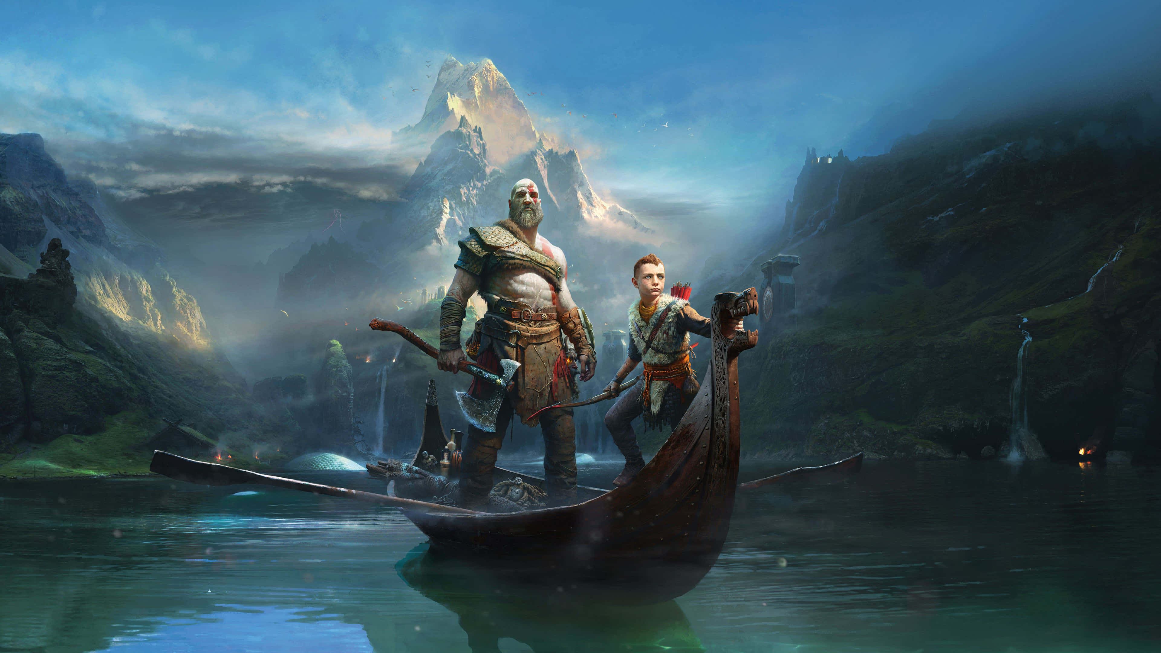 God Of War Characters 桌布 壁紙 — 一個肌肉發達的戰士和一個小男孩站在一艘木船上，在霧氣瀰漫的河流上，周圍是高聳的山脈和瀑布。
