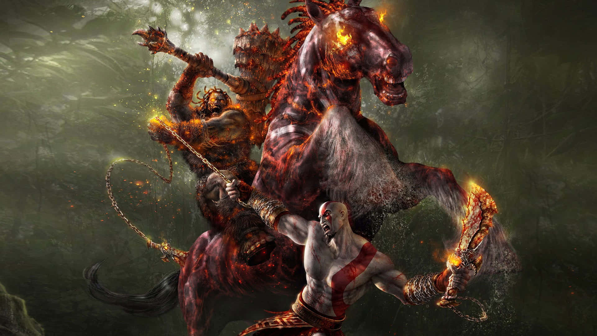 God Of War 桌布 壁紙 — 一個肌肉發達的戰士在黑暗神秘森林中與一匹燃燒的惡魔馬戰鬥，周圍有發光的餘燼和激烈的動作。