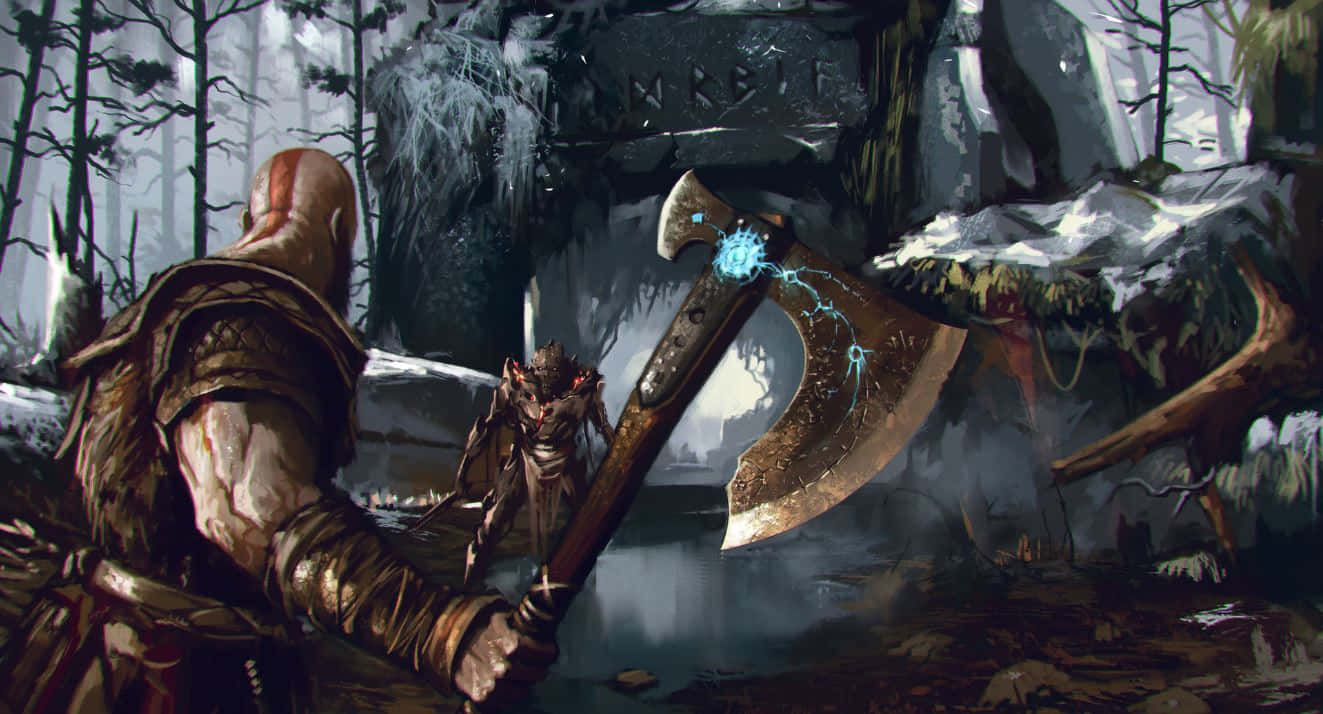 God Of War 桌布 壁紙 — 一個肌肉發達的戰士手持發光斧頭，在雪地森林空地中對抗一個怪物般的敵人。