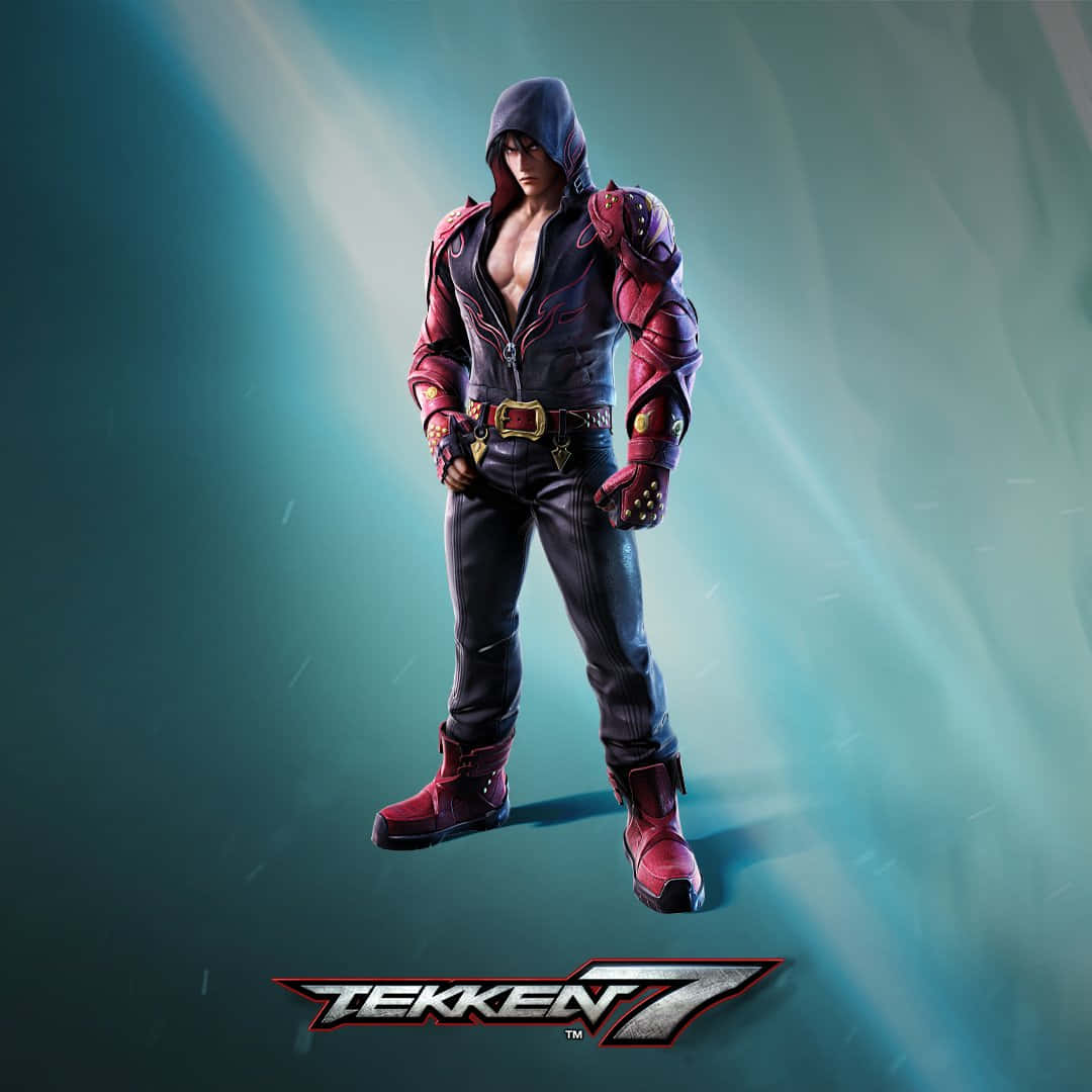 Tekken Characters 桌布 壁紙 — 一個肌肉發達的戰士穿著紅色和黑色盔甲，在Tekken 7的宣傳圖片中自信地站在戲劇性的青綠色燈光下。