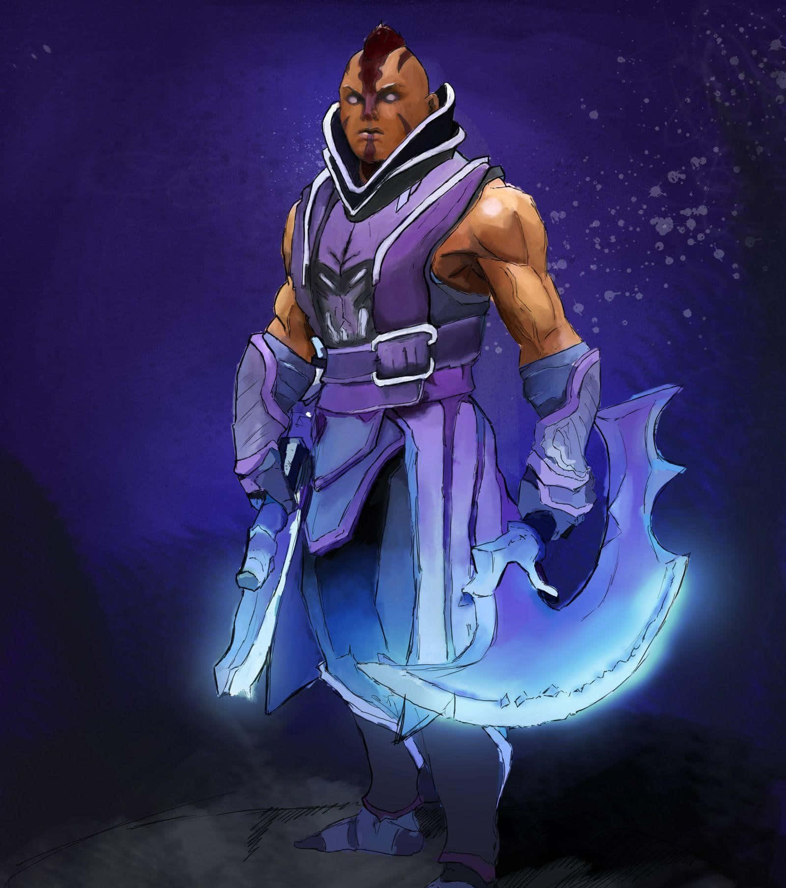 Anti-mage 桌布 壁紙 — 一個肌肉發達的戰士穿著紫色盔甲，在黑暗的宇宙背景下揮舞著一把發光的藍色彎刀。