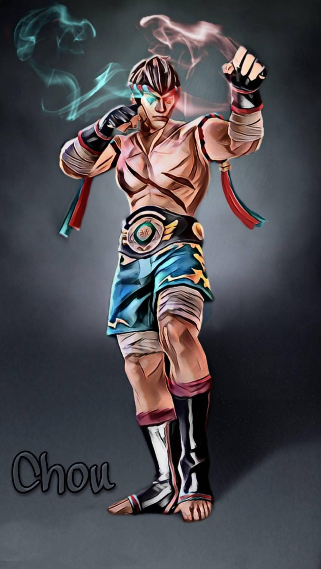 Mobile Legends 桌布 壁紙 — 一個肌肉發達的戰士穿著藍色短褲和黑色靴子，以戰鬥姿勢站立，眼睛發光，拳頭周圍有旋轉的能量。