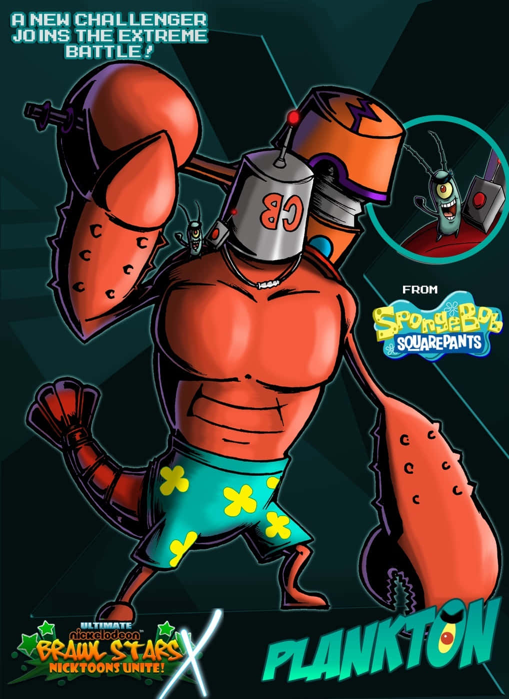 Larry The Lobster 桌布 壁紙 — 一個肌肉發達的橙色浮游生物，穿著帶有黃色十字的綠色短褲，在深藍綠色背景前揮舞著巨大的機械臂，準備戰鬥。