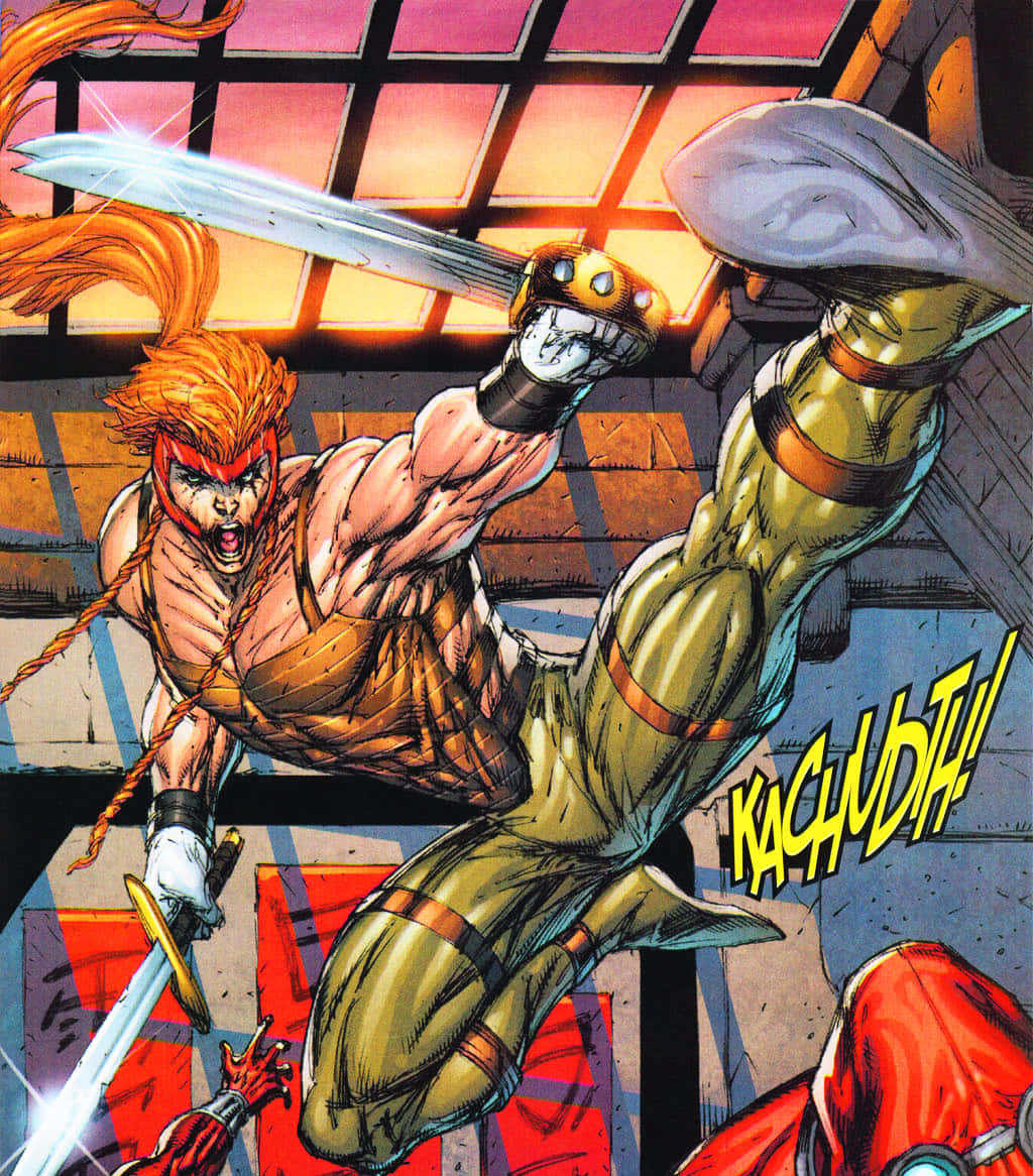 Shatterstar 桌布 壁紙 — 一個肌肉發達的橙色頭髮戰士用發光的劍在空中斬向一個綠色裝甲的對手，在漫畫格中。