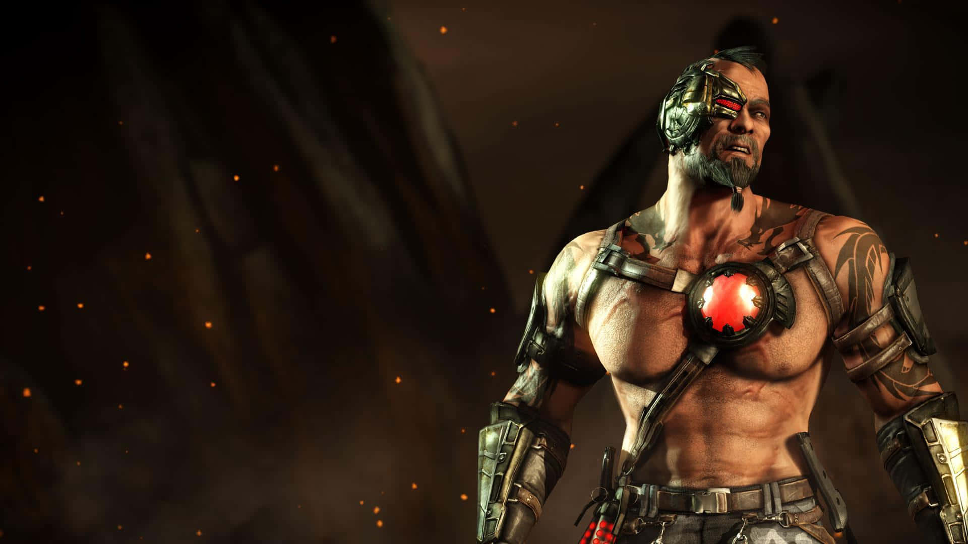 Mortal Kombat Characters 桌布 壁紙 — 一個肌肉發達的機械戰士，擁有發光的紅色眼睛和胸部標誌，站在煙霧瀰漫的黑暗中，周圍漂浮著餘燼。