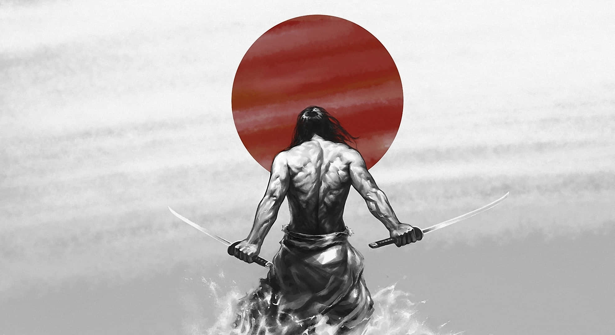 Samurai X 桌布 壁紙 — 一個肌肉發達的武士戰士站在水中揮舞兩把劍，背後有一個巨大的紅色太陽。
