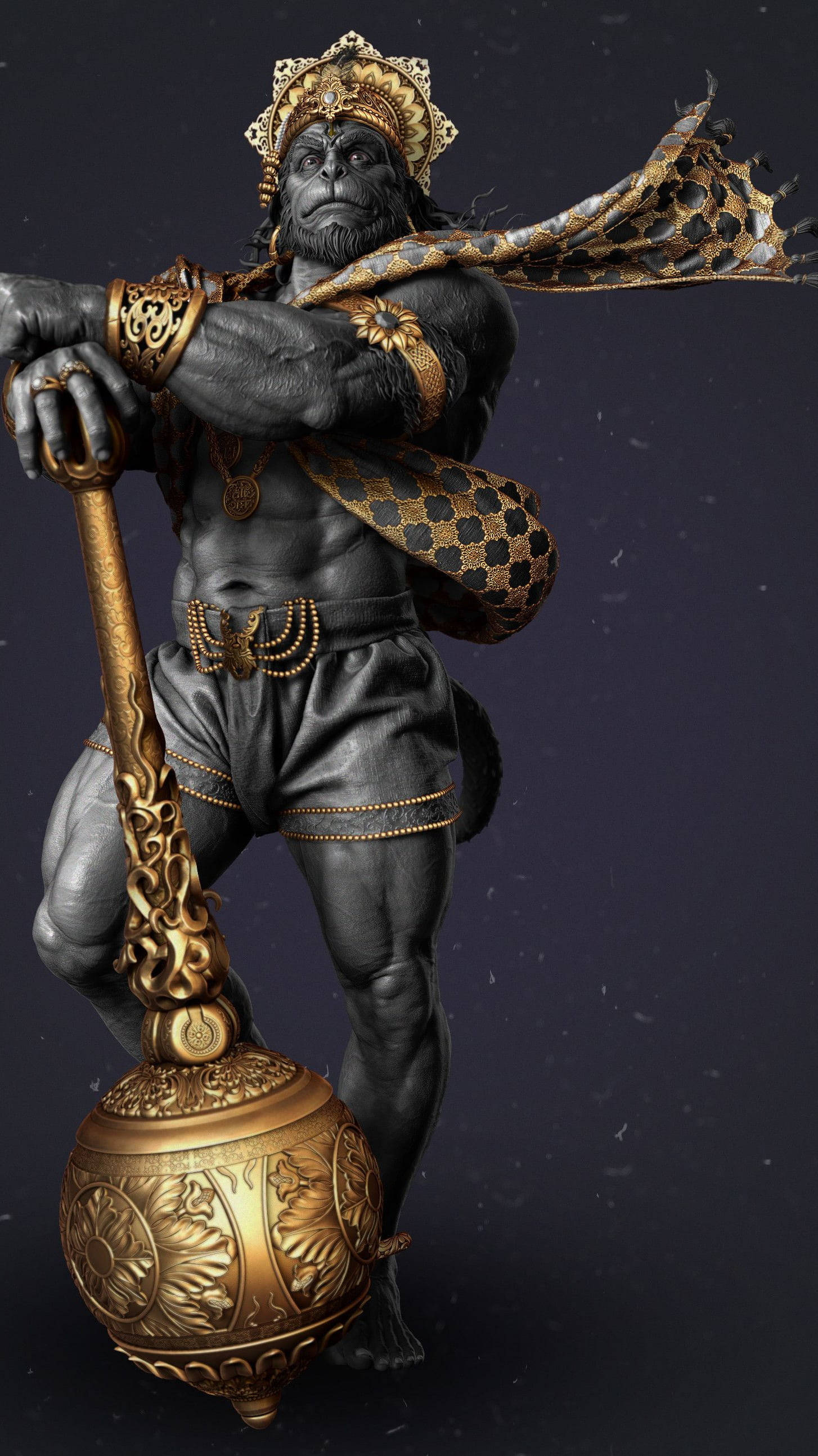 hanuman art 桌布 壁紙 — 一個肌肉發達的猴神，戴著金色皇冠，手持華麗的狼牙棒，站在黑暗背景前。