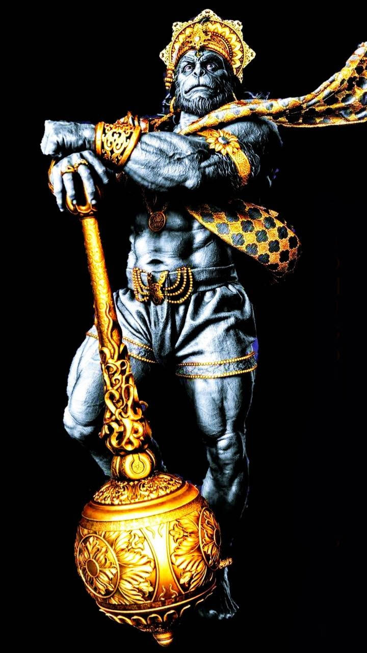 hanuman art 桌布 壁紙 — 一個肌肉發達的猴神穿著華麗的金色盔甲，揮舞著一把巨大的鑲寶石狼牙棒，面對著一片黑色虛空。