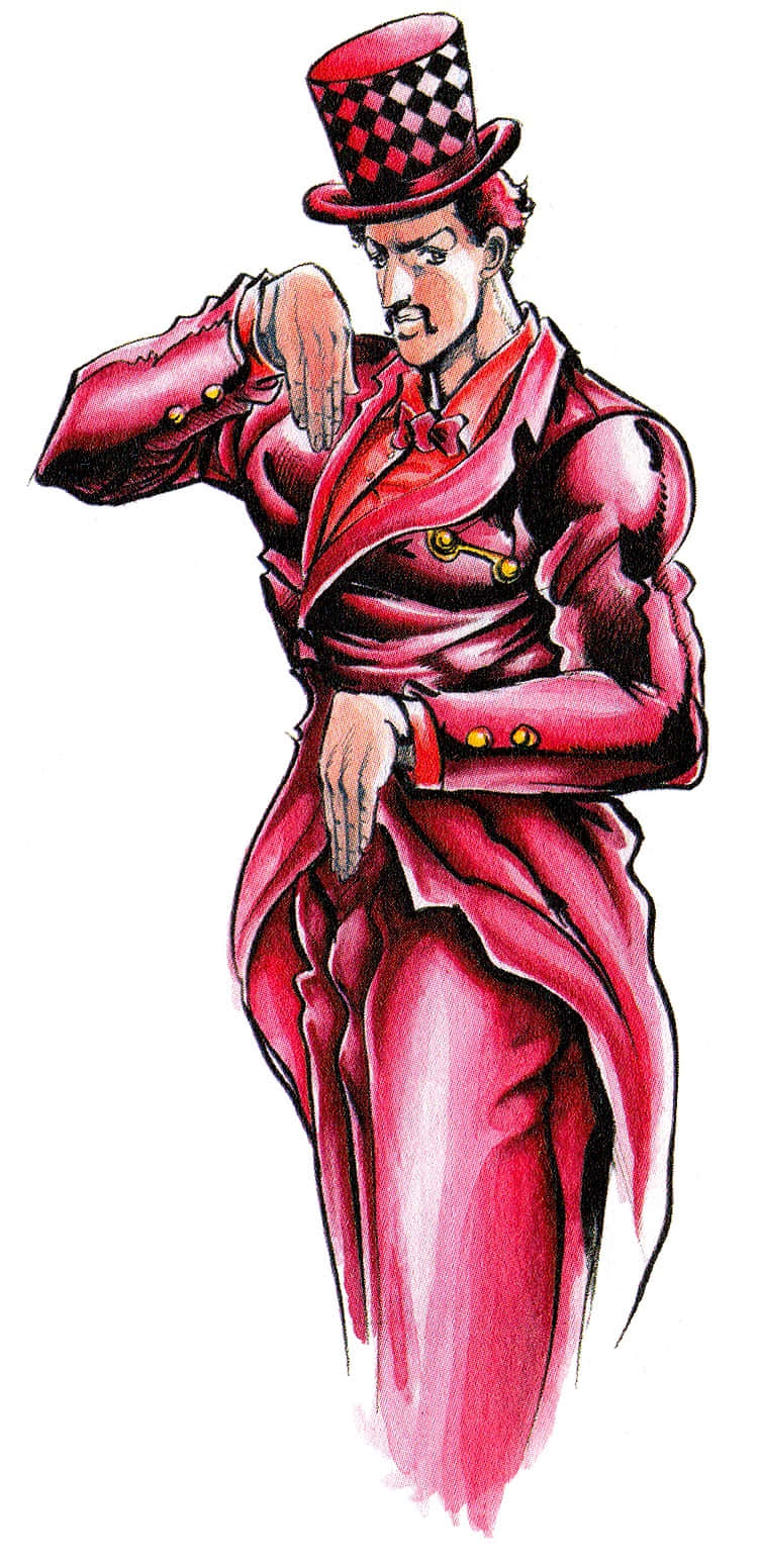 Will A Zeppeli 桌布 壁紙 — 一個肌肉發達的男人，戴著紅色格仔高帽，身穿紅色西裝，一手放在胸前，擺出自信的姿勢。