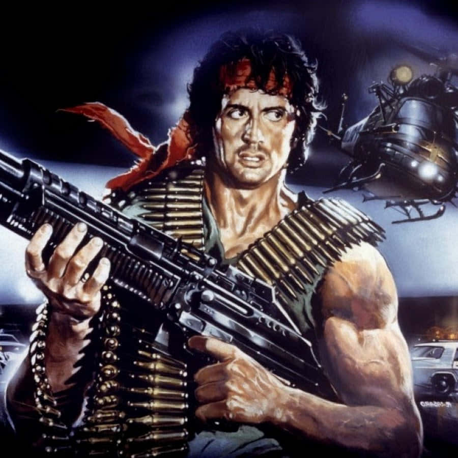 Action Movie 桌布 壁紙 — 一個肌肉發達的男人戴著紅色頭巾，握著機槍，一架直升機在他身後盤旋，背景是黑暗的城市夜景。