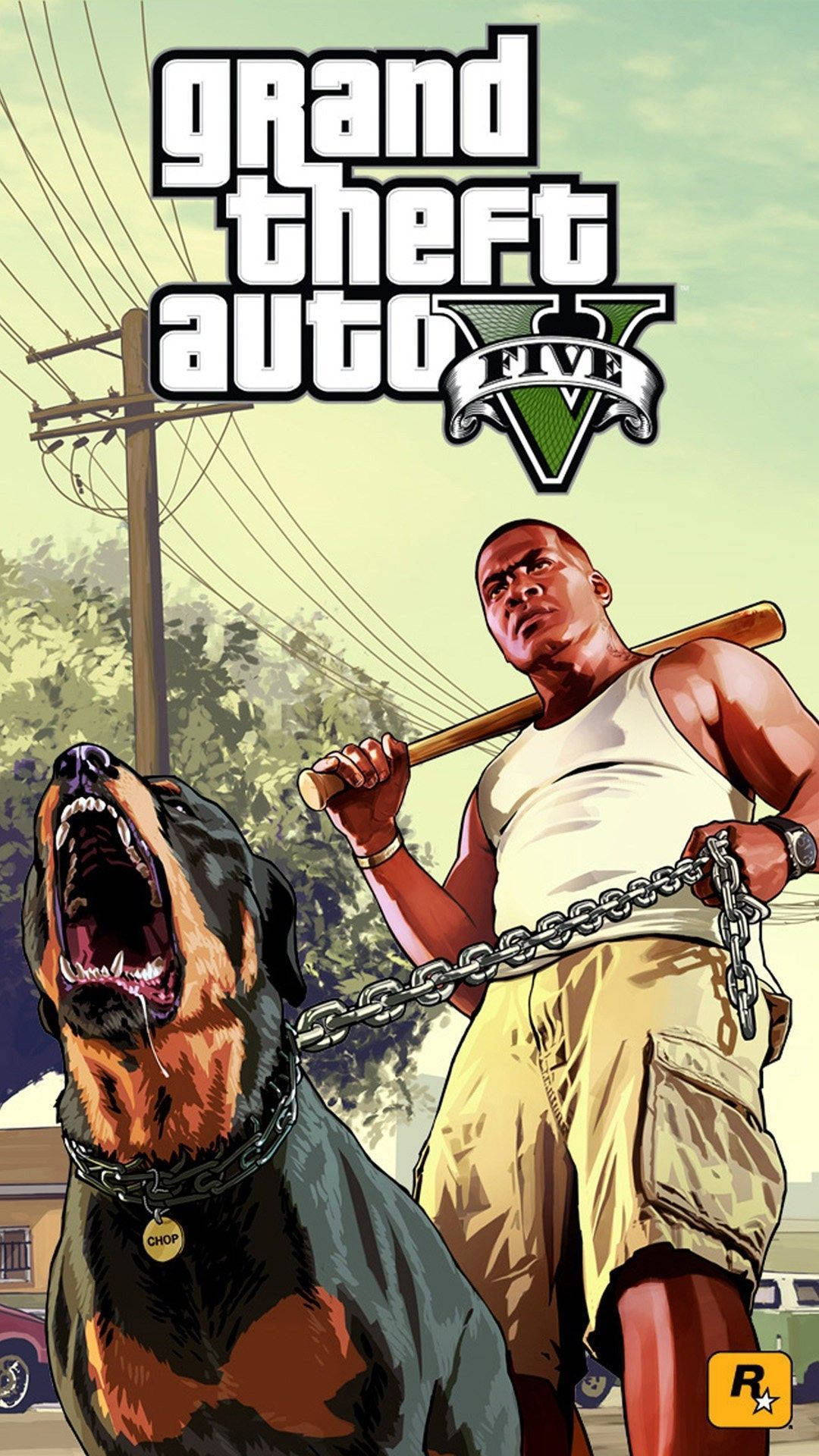 GTA iPhone Chop And Franklin 壁紙 — 一個肌肉發達的男人拿著棒球棍和一條被鎖鏈拴住的羅威納犬，在 gritty 的城市環境中，電線下挑釁地站立。