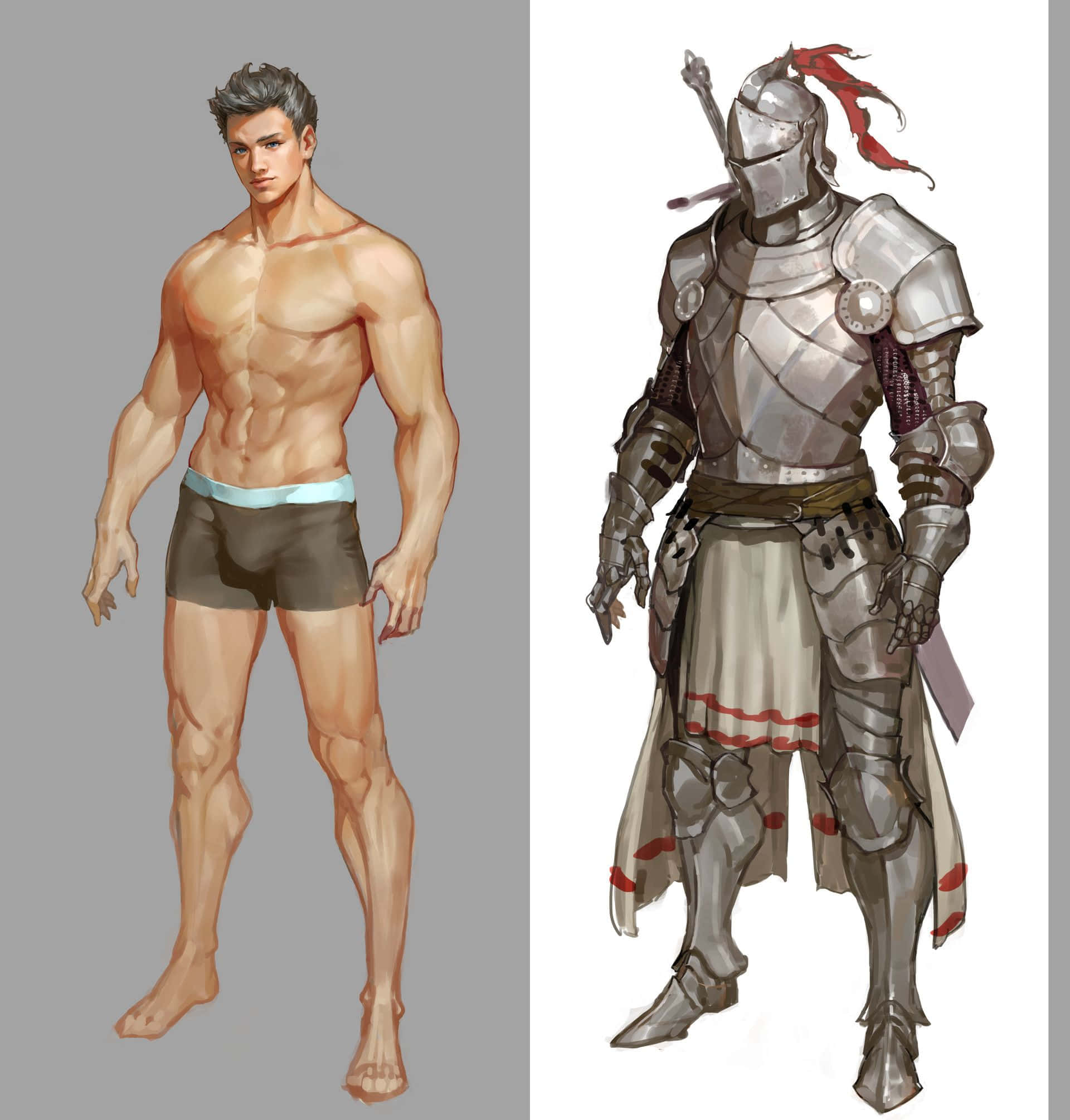 Game Animation 桌布 壁紙 — 一個肌肉發達的男人穿著內衣站在一個身穿銀色盔甲、帶有紅色點綴的中世紀騎士旁邊。