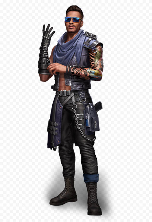 free fire 4K 桌布 壁紙 — 一個肌肉發達的男人穿著未來風格的賽博龐克裝備，帶有紋身和藍色太陽眼鏡，在方格背景前自信地擺姿勢。