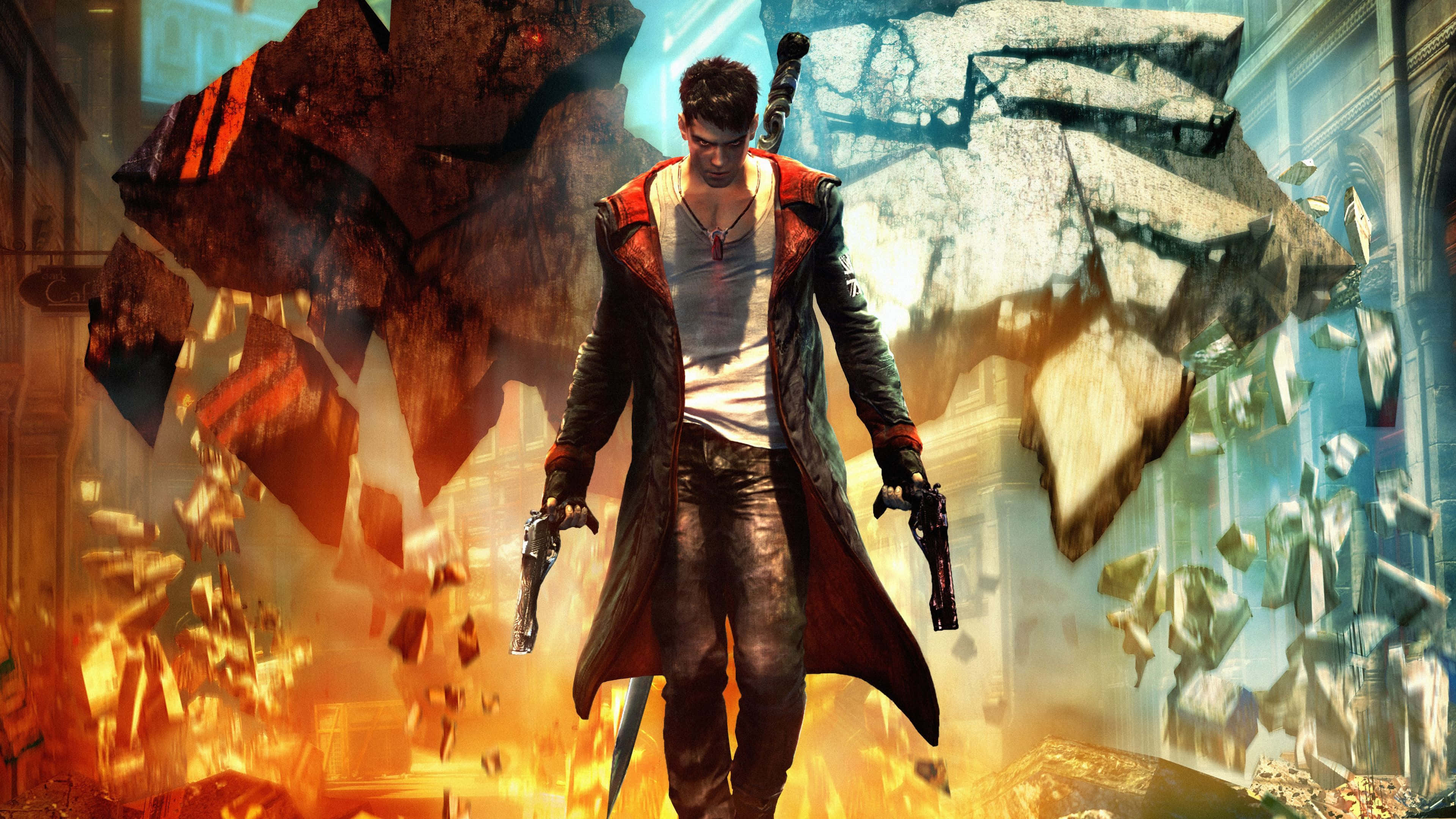Online Games 桌布 壁紙 — 一個肌肉發達的男人穿著紅色外套，在爆炸的碎片和烈火混亂中揮舞手槍，身處被摧毀的城市環境。