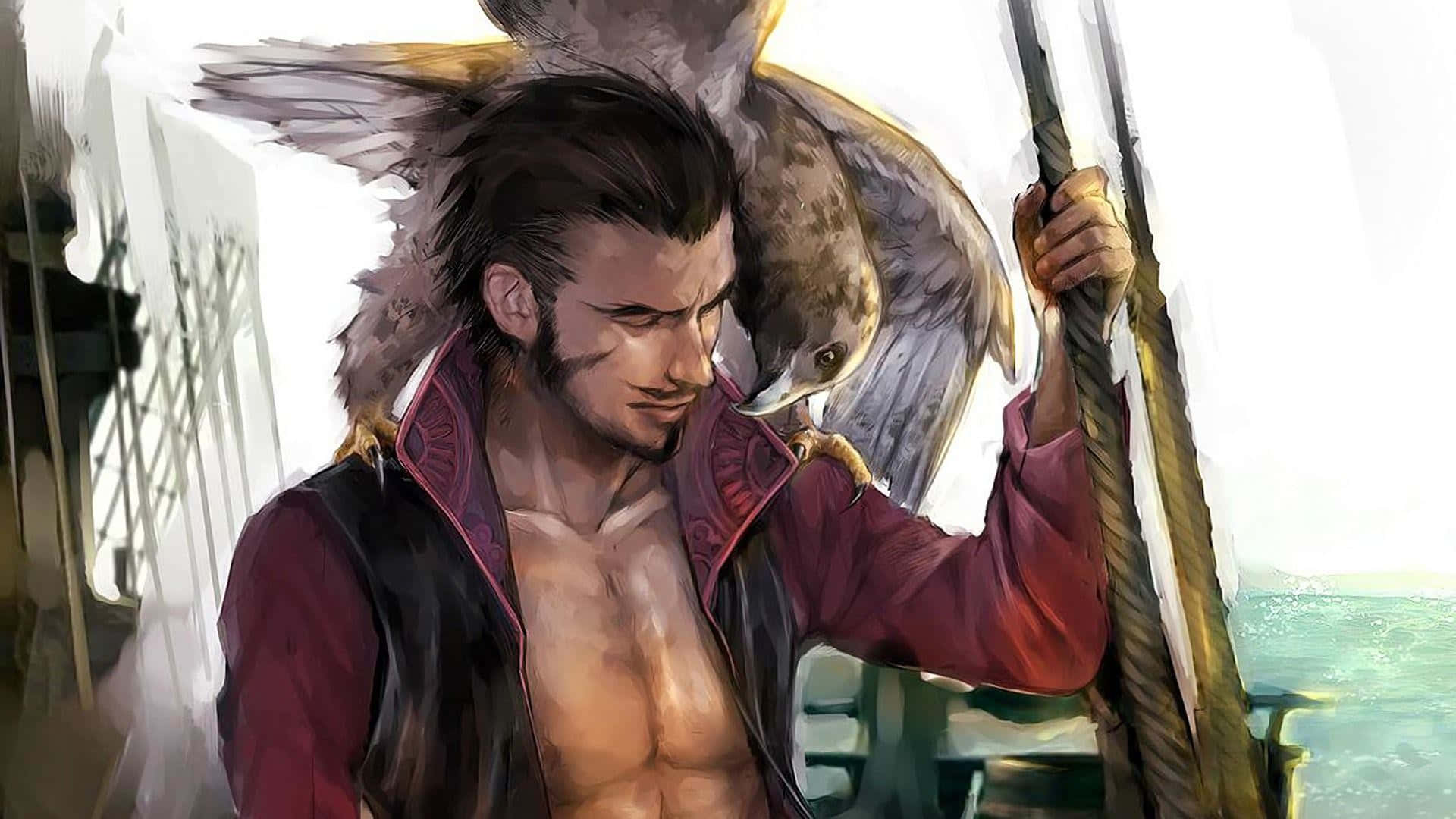 Dracule Mihawk 桌布 壁紙 — 一個肌肉發達的男人肩上棲著一隻鷹，站在船甲板上，在明亮的海景背景下握著繩索。