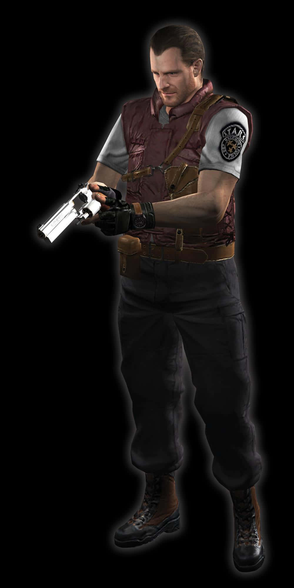 Barry Burton 桌布 壁紙 — 一個肌肉發達的男子身穿戰術裝備，在黑色背景上手持銀色左輪手槍，邊緣發光。