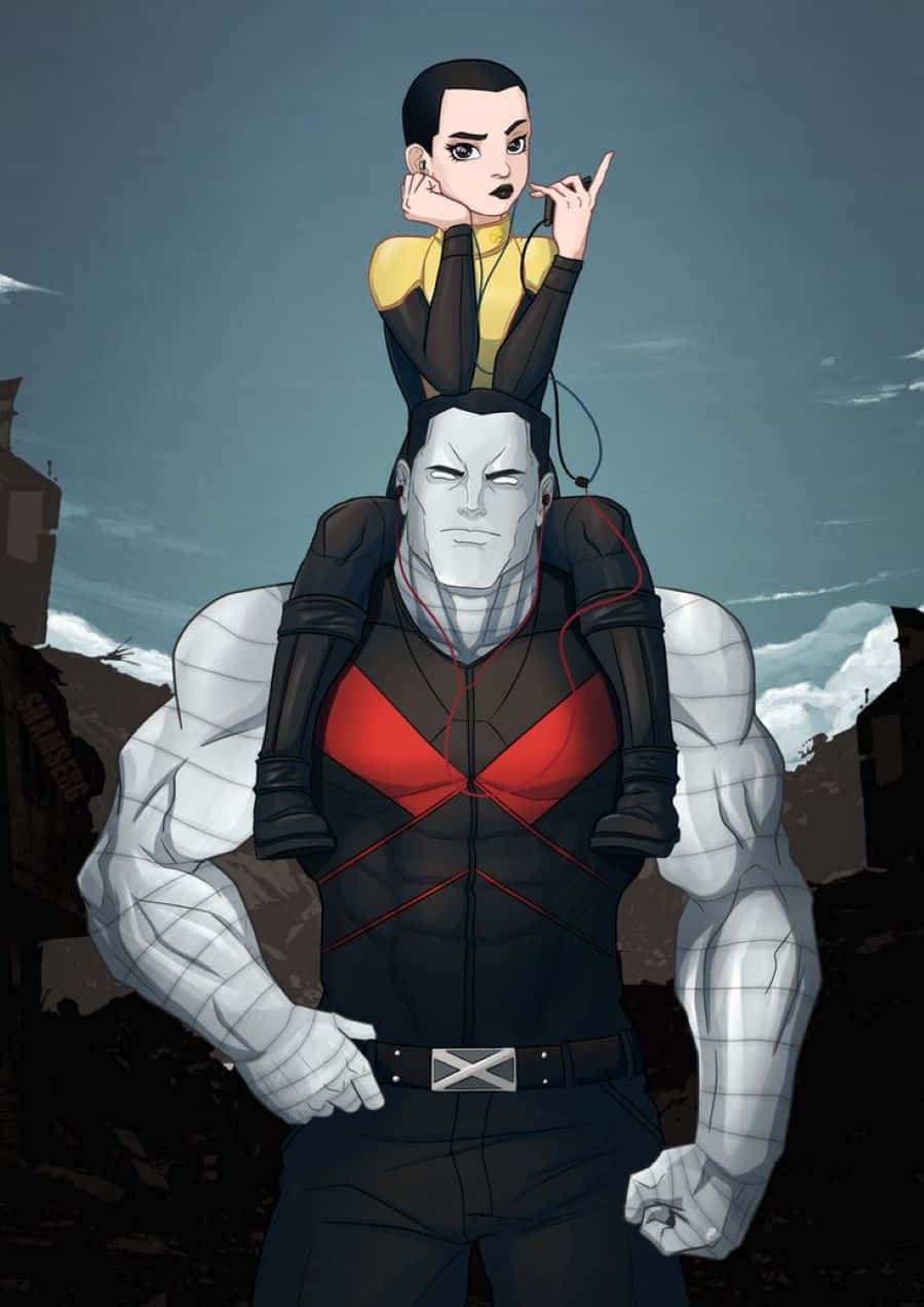 Negasonic Teenage Warhead 桌布 壁紙 — 一個肌肉發達的白皮膚男人，身穿紅色胸甲，在陰天背景下，肩上扛著一個穿著黃黑色衣服的小孩。
