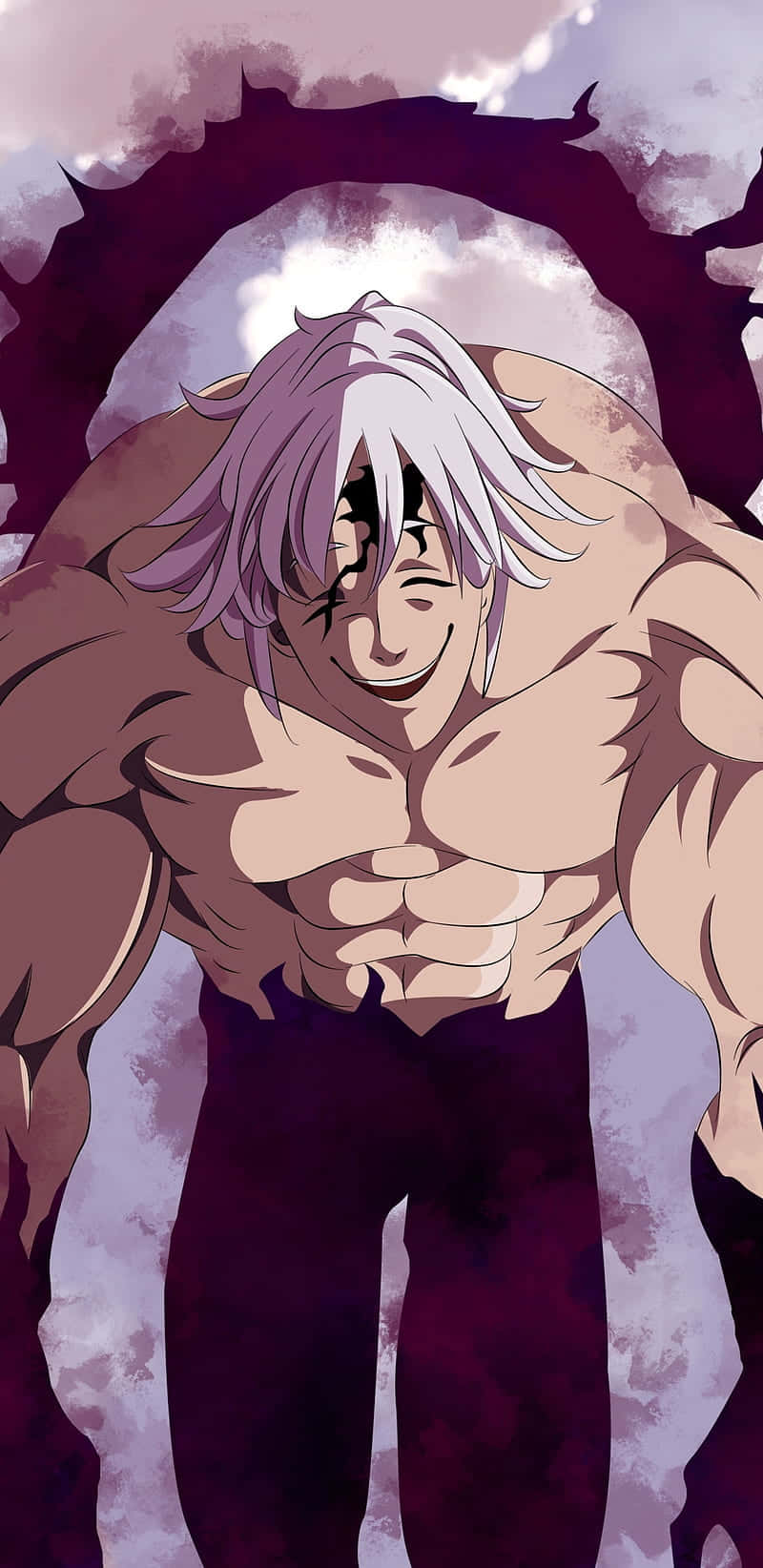 Seven Deadly Sins Estarossa 桌布 壁紙 — 一個肌肉發達的白髮傷眼動漫男子，在深紫色和白色的雲霧背景下露出威脅性的微笑。