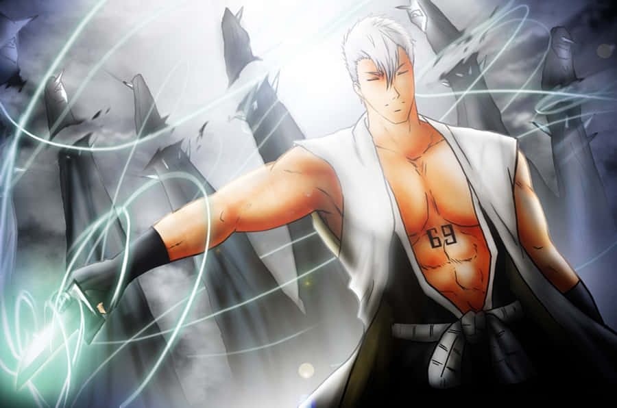 Kensei Muguruma 桌布 壁紙 — 一個肌肉發達的白髮動漫男子，身上有69紋身，在浮劍中引導發光能量。