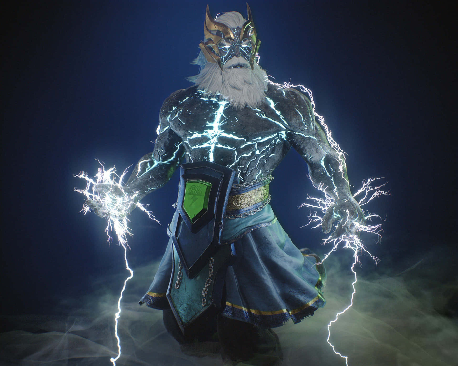 Dota 2 Zeus 桌布 壁紙 — 一個肌肉發達的神，身上和手上閃爍著發光的閃電，站在黑暗迷霧的虛空中，穿著華麗的盔甲和帶角的頭盔。
