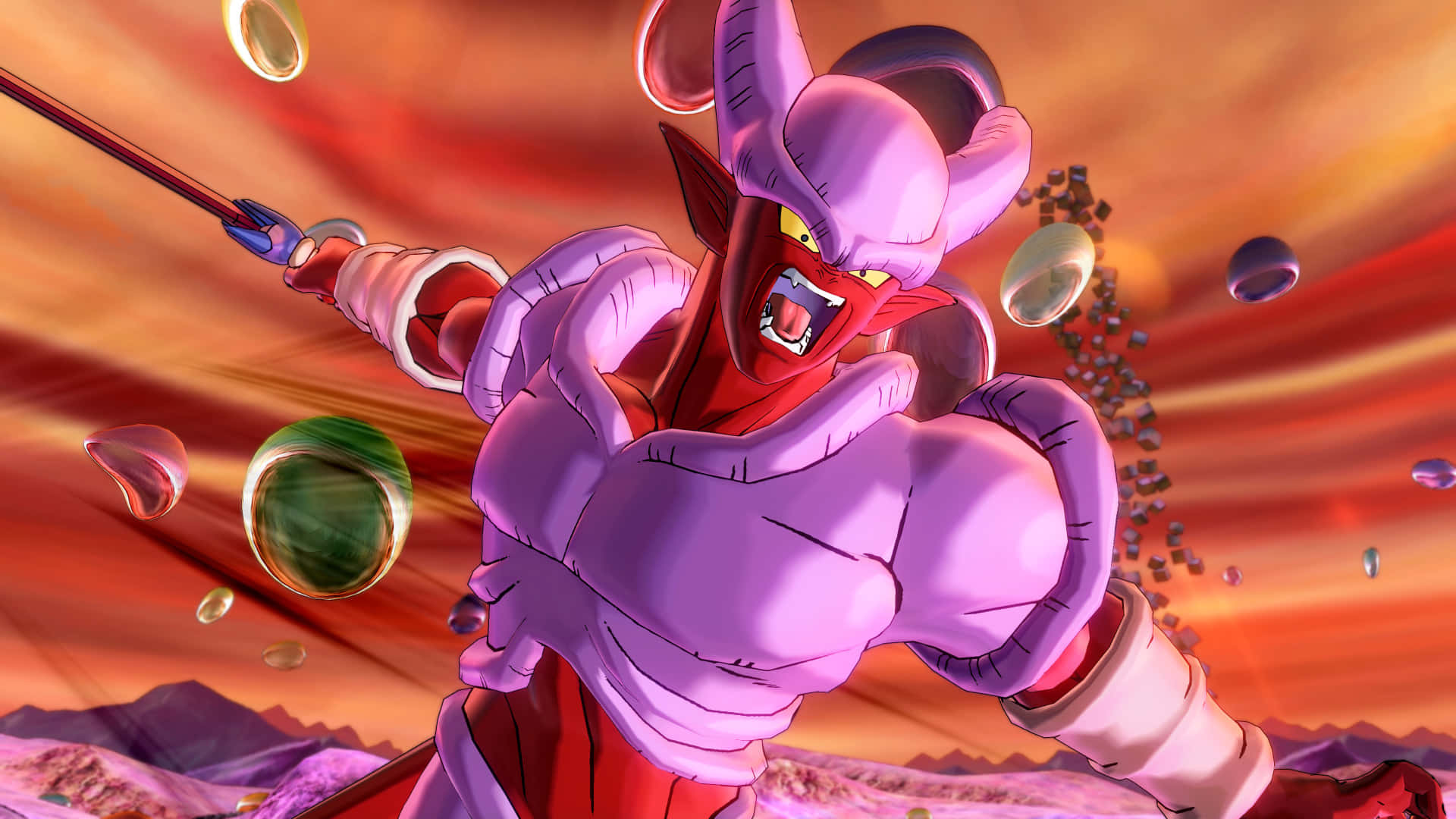 Dragon Ball Xenoverse 2 桌布 壁紙 — 一個肌肉發達的紫色動畫反派，長有角和紅色眼睛，在浮動球體中揮舞著法杖，背景是火熱的橙色天空。