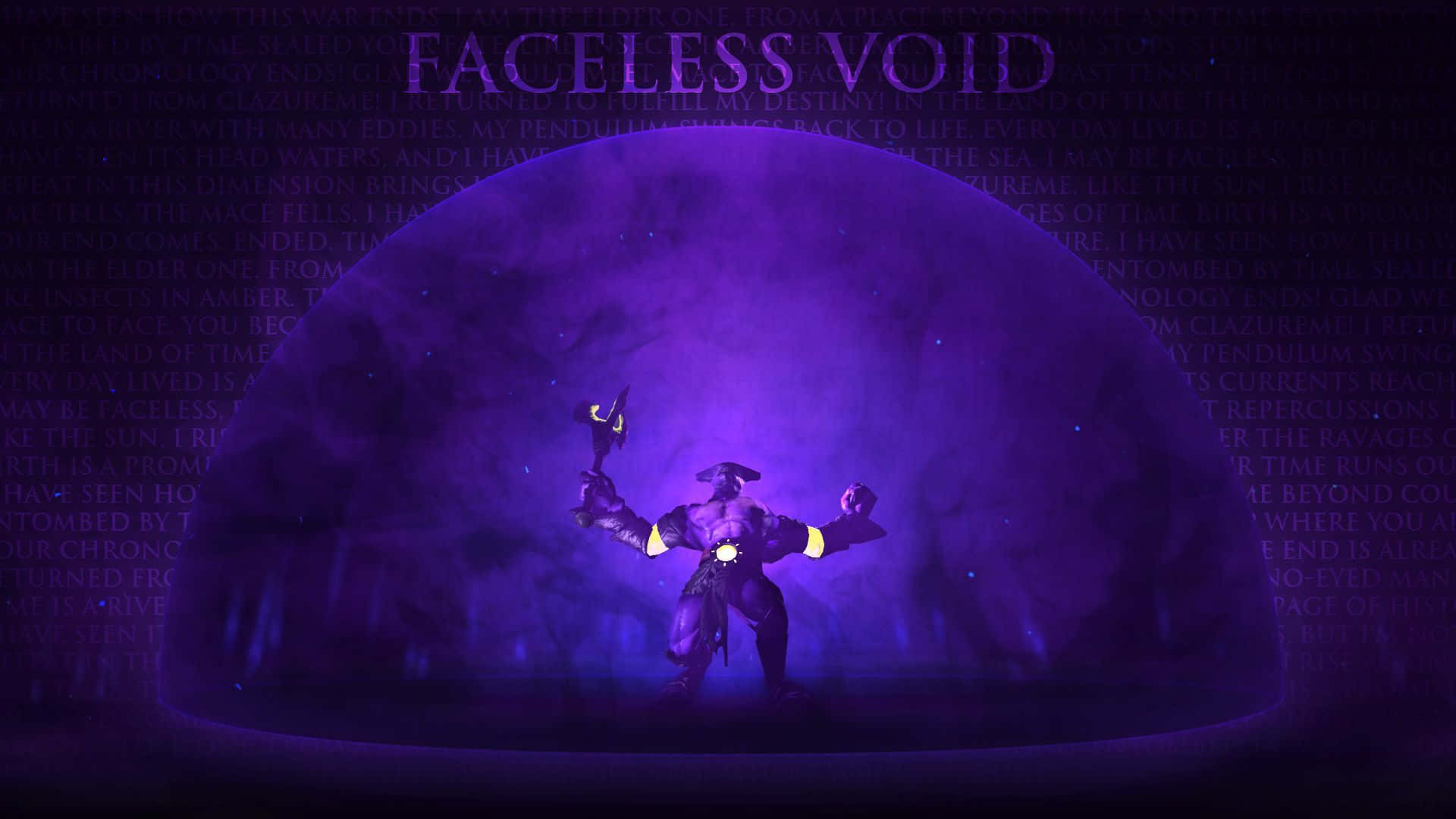 Faceless Void 桌布 壁紙 — 一個肌肉發達的紫色皮膚人物，帶有發光的黃色點綴，在充滿漂浮文字的黑暗虛空中，挑釁地站在一個巨大的紫色球體下方。
