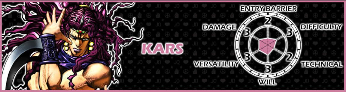 Jojo's Bizarre Adventure Kars 桌布 壁紙 — 一個肌肉發達的紫色頭髮動漫角色在黑暗背景中揮舞鐮刀，附有統計數據和文字。