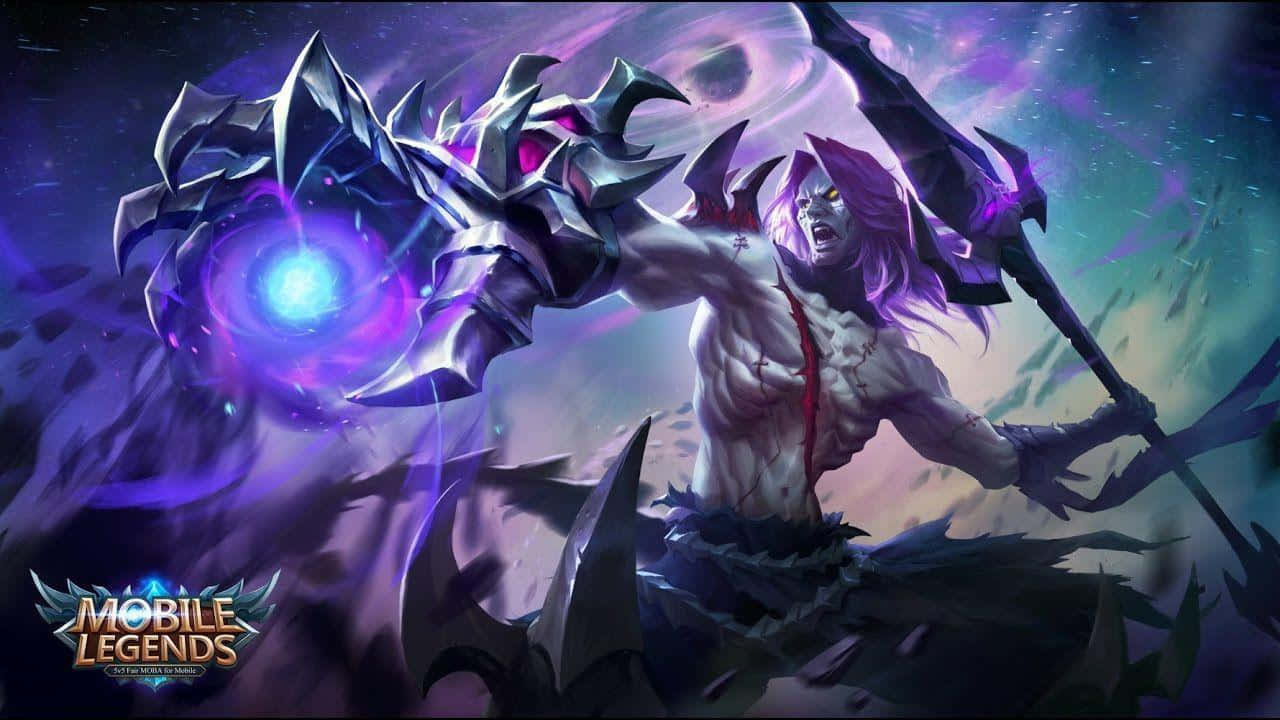 Mobile Legend 桌布 壁紙 — 一個肌肉發達的紫色頭髮惡魔，在宇宙風暴背景下揮舞著發光的紫色武器。