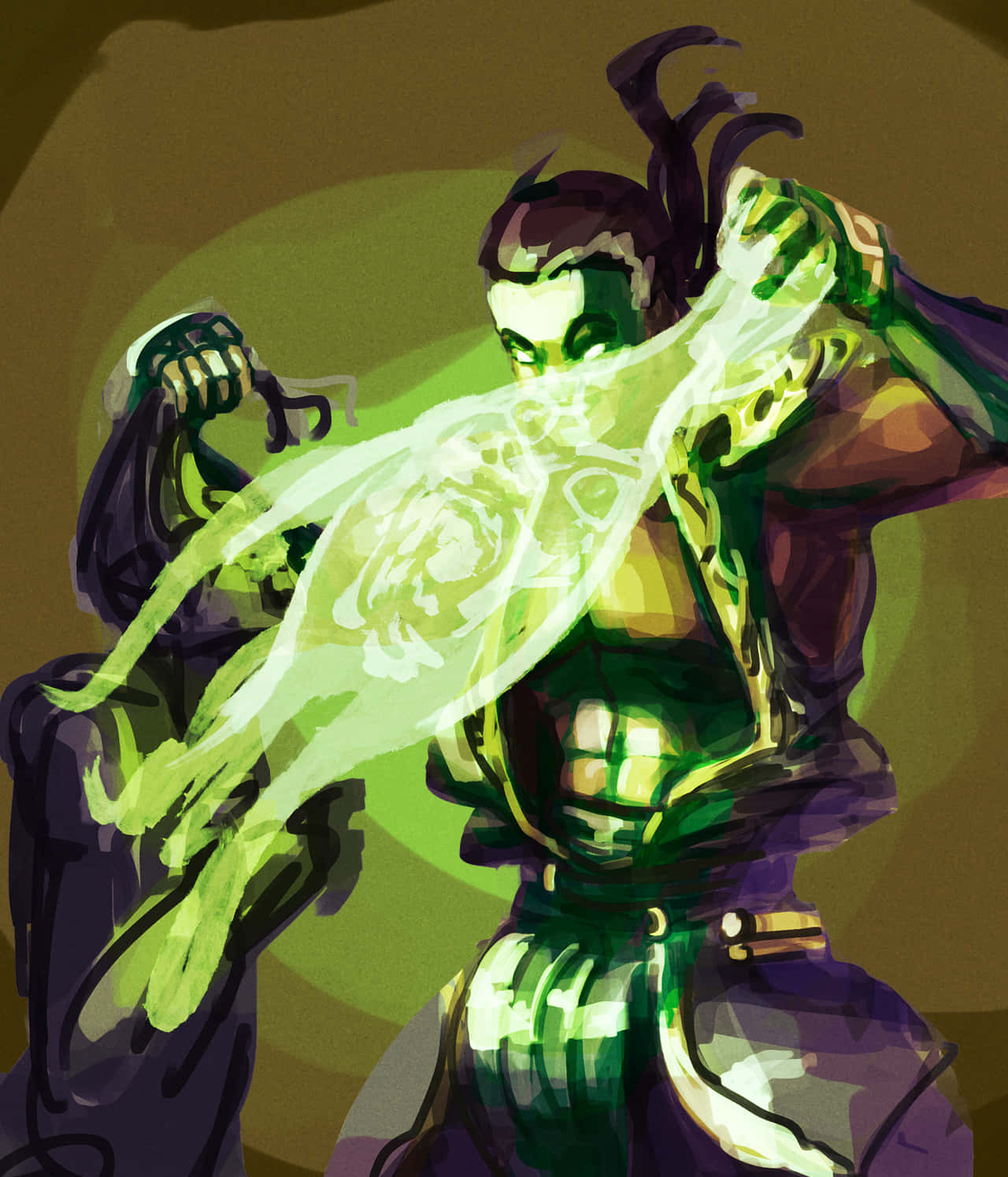 Mortal Kombat Shang Tsung 桌布 壁紙 — 一個肌肉發達的綠色皮膚戰士穿著紫色盔甲，在柔和的棕色背景下透過緊握的拳頭引導發光的綠色能量。