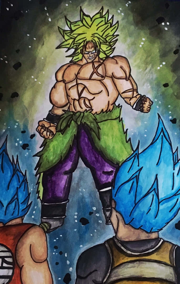 Vegeta And Broly 桌布 壁紙 — 一個肌肉發達的綠髮戰士，在宇宙星空背景下，勝利地站在兩個藍髮戰士之上。