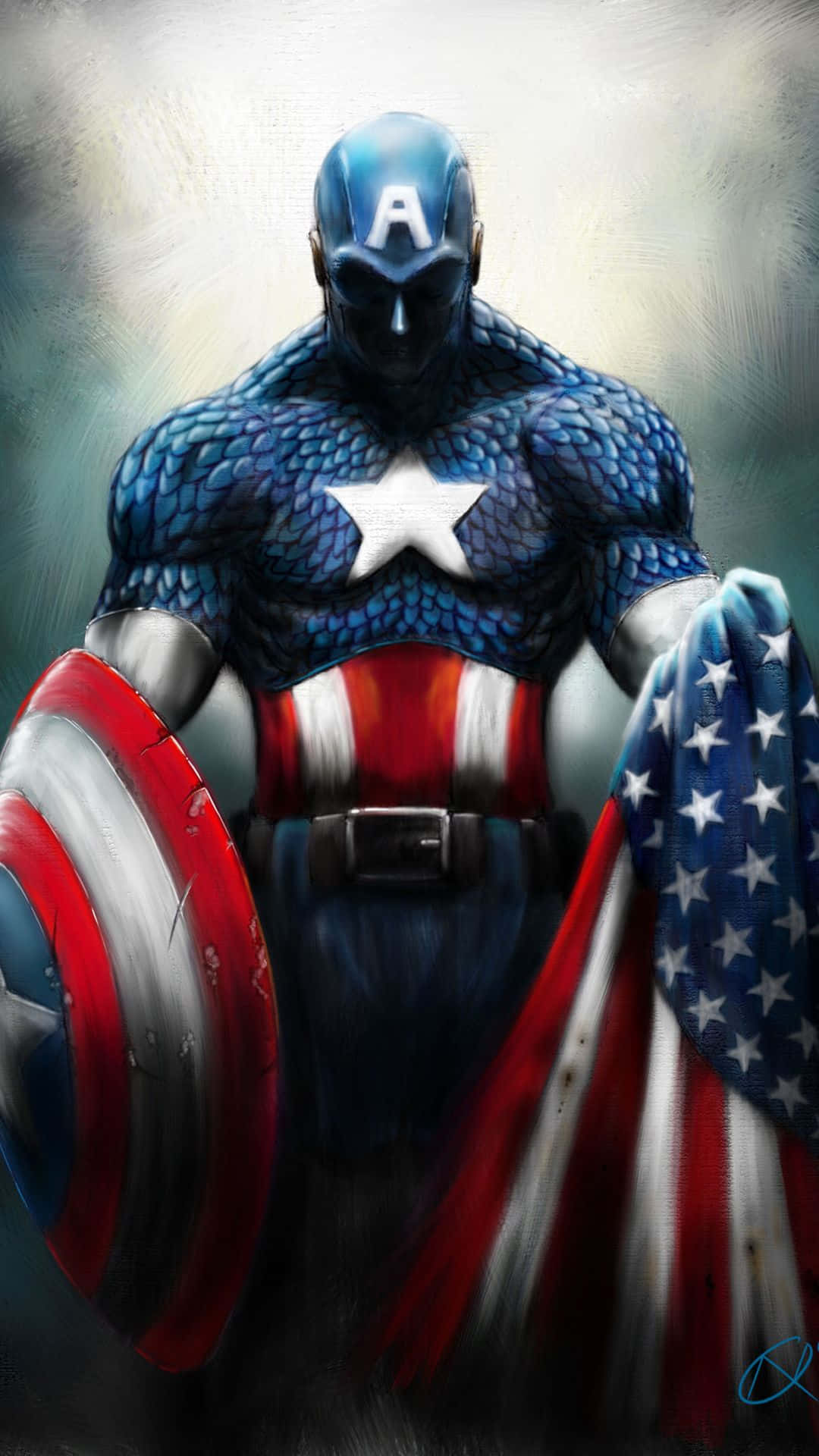 Best Captain America 桌布 壁紙 — 一個肌肉發達的美國隊長英雄式地站立，手持盾牌和美國國旗，背景煙霧瀰漫。