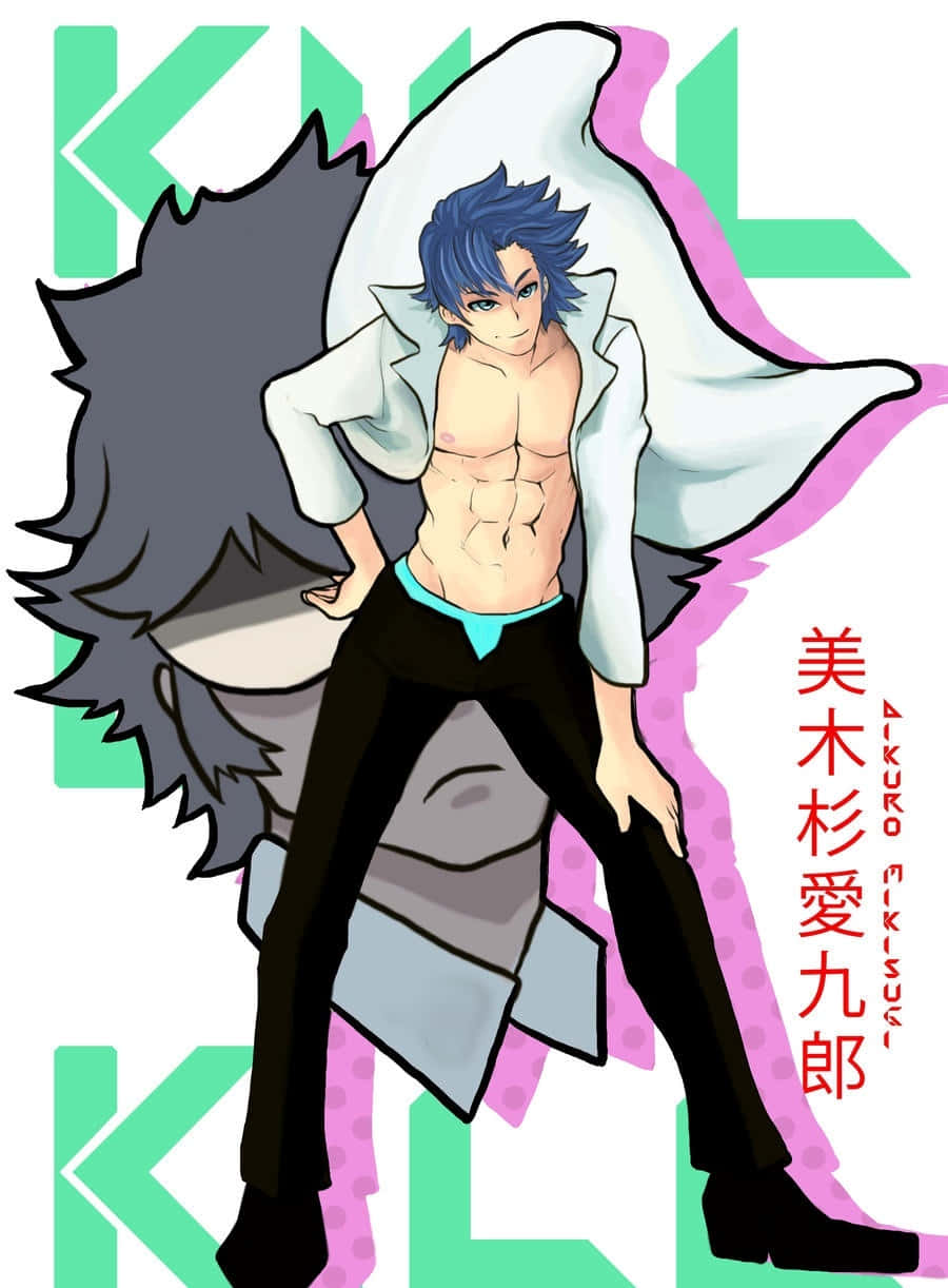 Aikuro Mikisugi 桌布 壁紙 — 一個肌肉發達的藍髮動漫男性，穿著敞開的白色外套和黑色褲子，自信地站在風格化的綠色、粉紅色和灰色背景前。