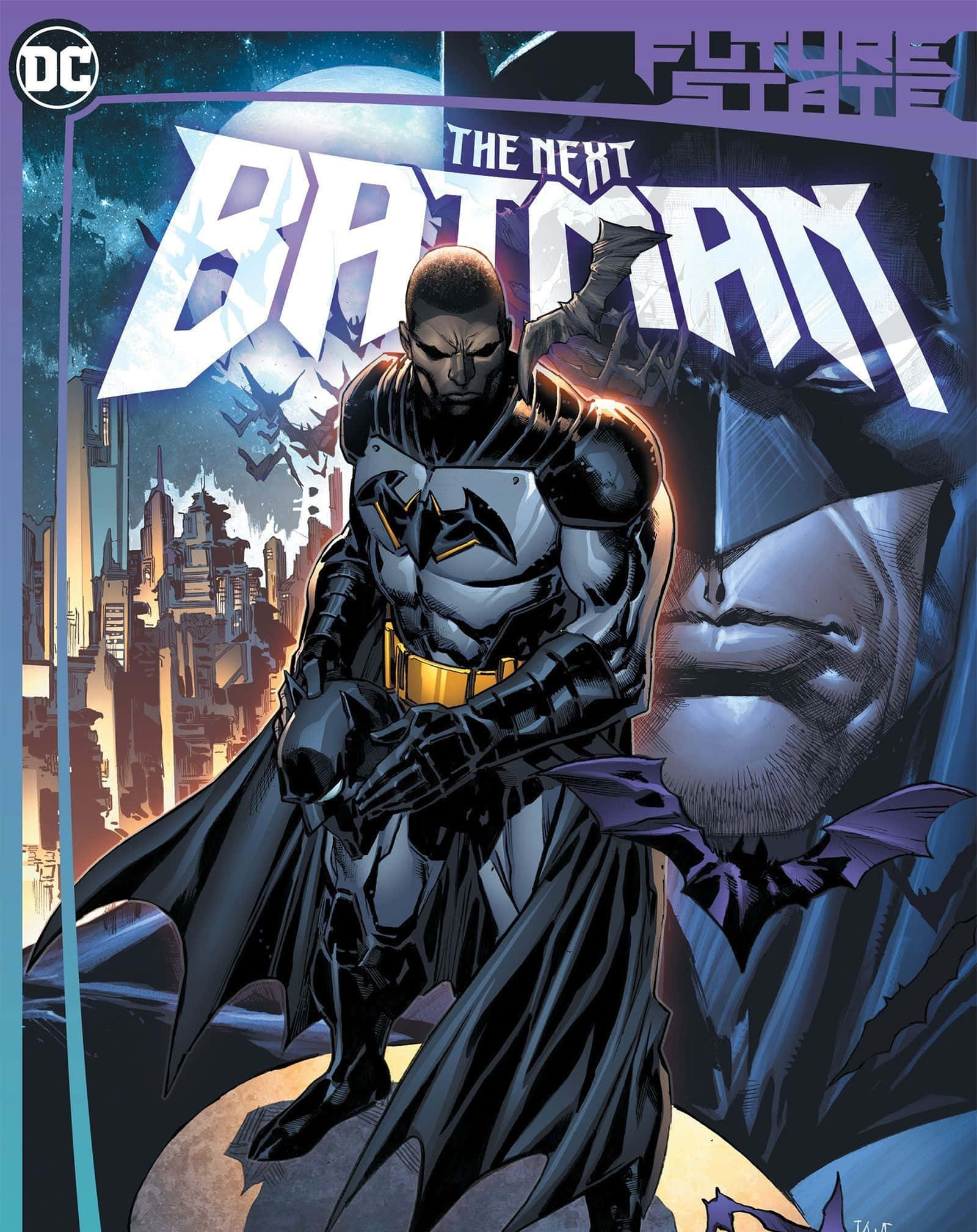 Batman The New 52 桌布 壁紙 — 一個肌肉發達的蝙蝠俠在發光的月亮下，以粗體漫畫字體站在城市景觀之上。