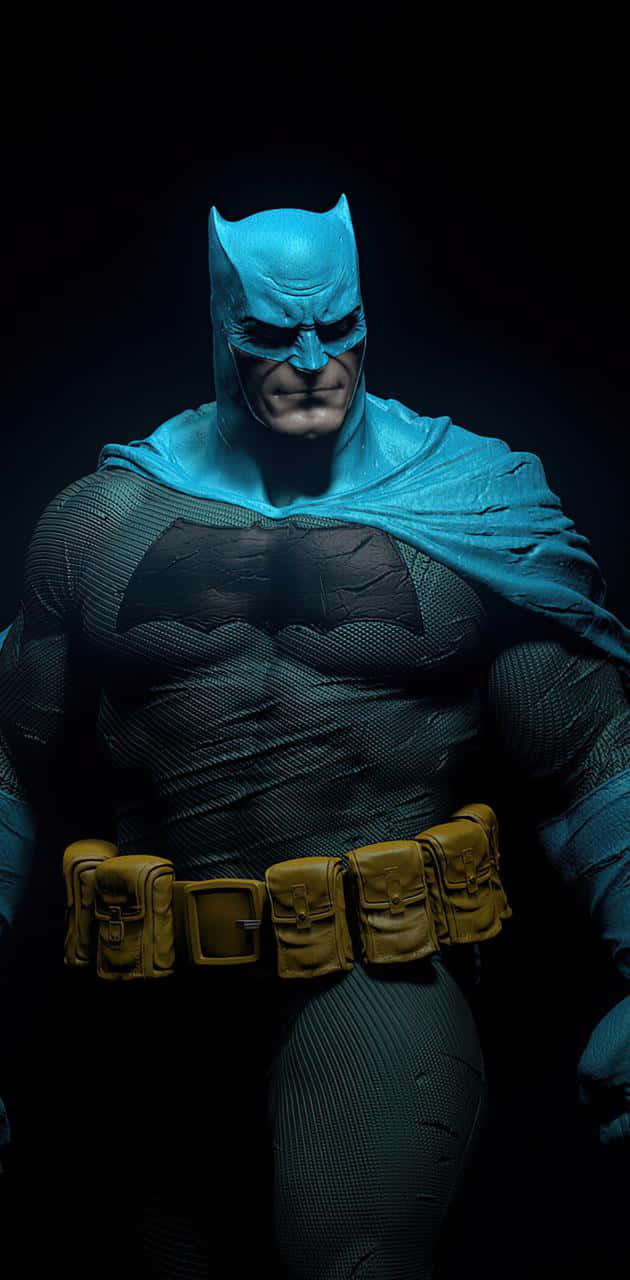 Batman The Dark Knight Returns 桌布 壁紙 — 一個肌肉發達的蝙蝠俠穿著帶有紋理的藍色套裝和黃色腰帶，站在戲劇性的黑暗燈光下。