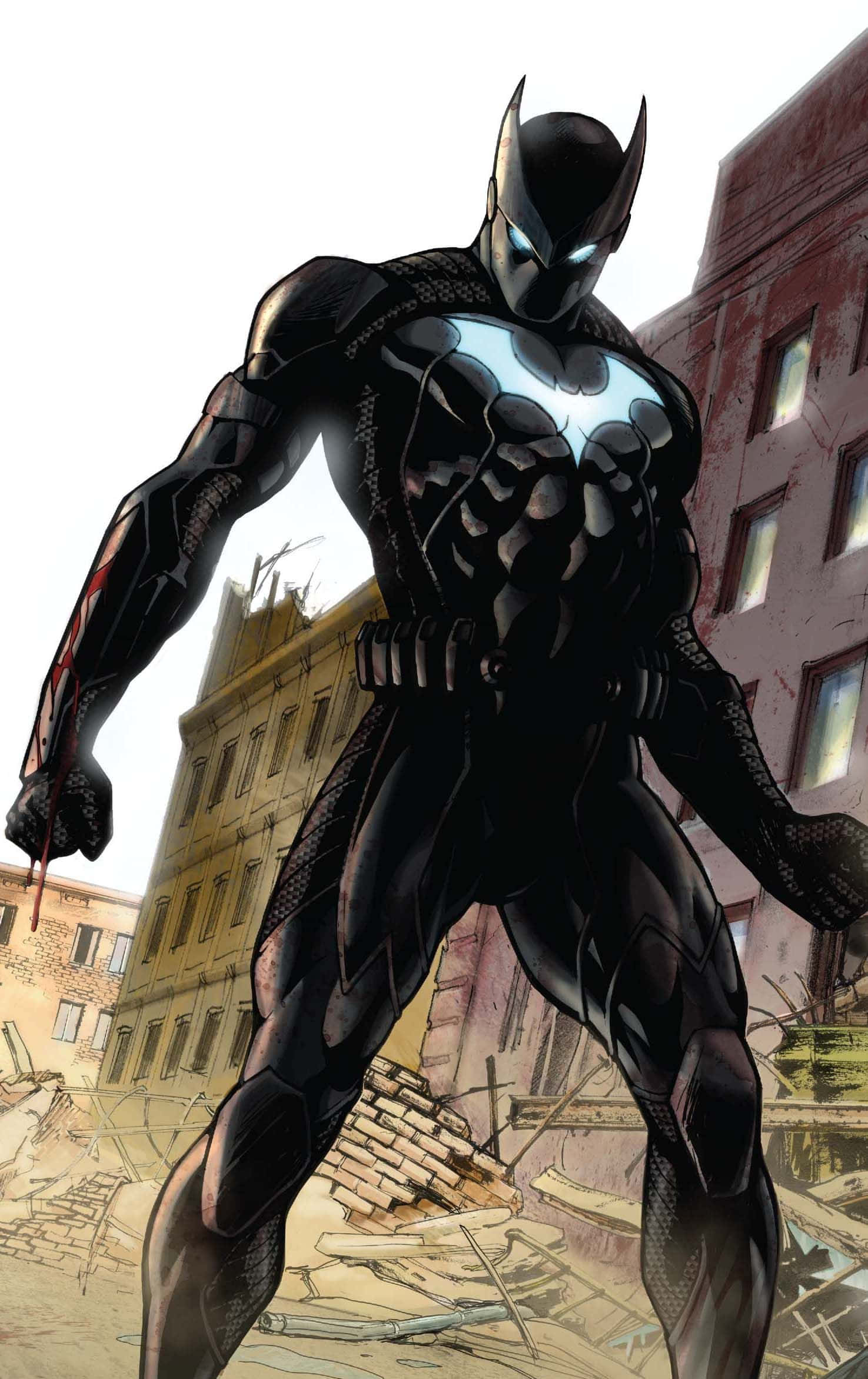 Batwing 桌布 壁紙 — 一個肌肉發達的蝙蝠俠穿著時尚的黑色裝甲服，發出藍色光芒的眼睛，在都市瓦礫和受損建築物中佔據主導地位。