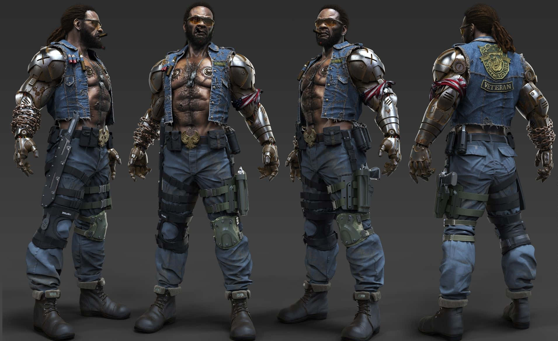 Mortal Kombat Jax 桌布 壁紙 — 一個肌肉發達的裝甲士兵穿著牛仔背心和戰術裝備，在黑暗的攝影棚背景下從四個角度展示。