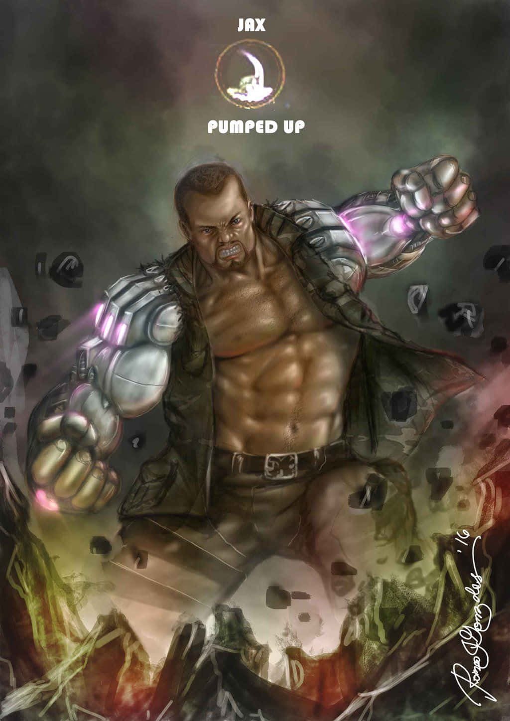 Mortal Kombat Jax 桌布 壁紙 — 一個肌肉發達的裝甲戰士，拳頭發光，在 gritty、煙霧瀰漫的戰鬥場景中衝破瓦礫。