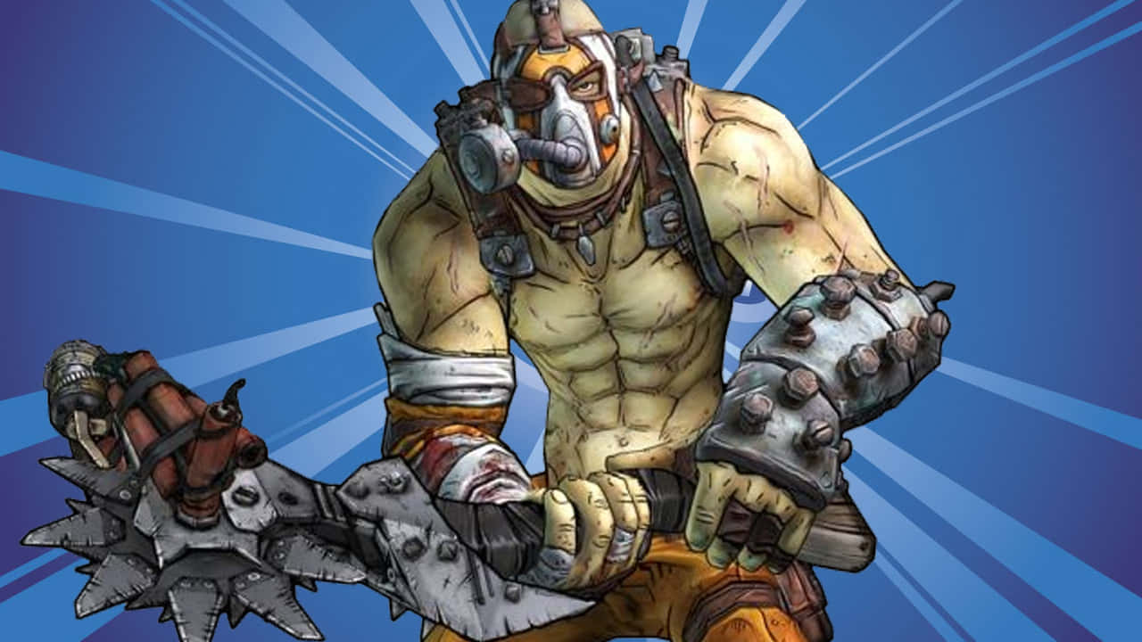 Borderlands Characters 桌布 壁紙 — 一個肌肉發達的裝甲戰士戴著防毒面具，在藍色發光背景前揮舞著帶刺的錘子。