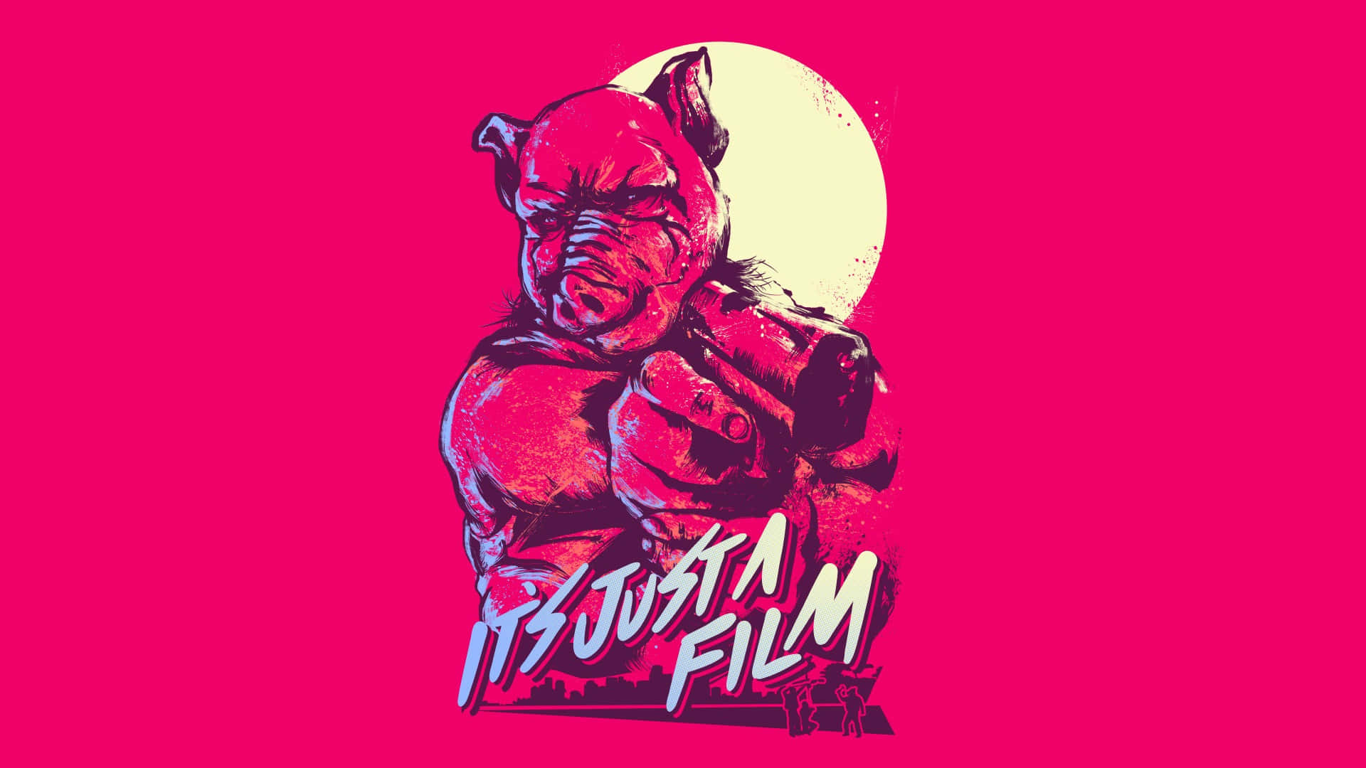 Hotline Miami 桌布 壁紙 — 一個肌肉發達的豬角色以粗獷的插畫風格，在明亮的粉紅色背景和淡黃色月亮前手持槍支。