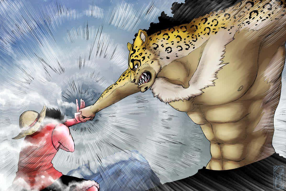 Rob Lucci 桌布 壁紙 — 一個肌肉發達的豹頭戰士向一個戴草帽的戰士猛撲過去，呈現出動態的動漫戰鬥場景。