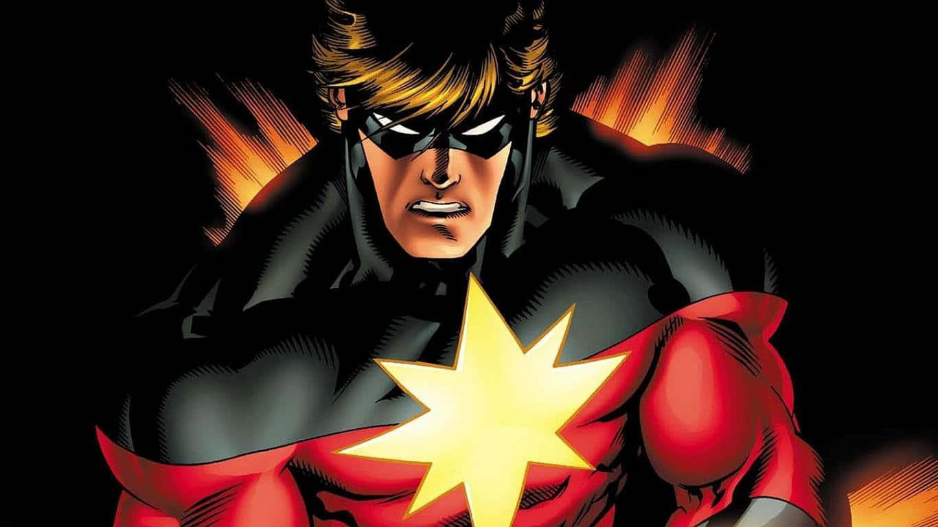 1366x768 Marvel 桌布 壁紙 — 一個肌肉發達的超級英雄，戴著黑色面具，身穿紅色緊身衣，胸前有發光的黃色星星，站在帶有火橙色條紋的黑暗背景前。