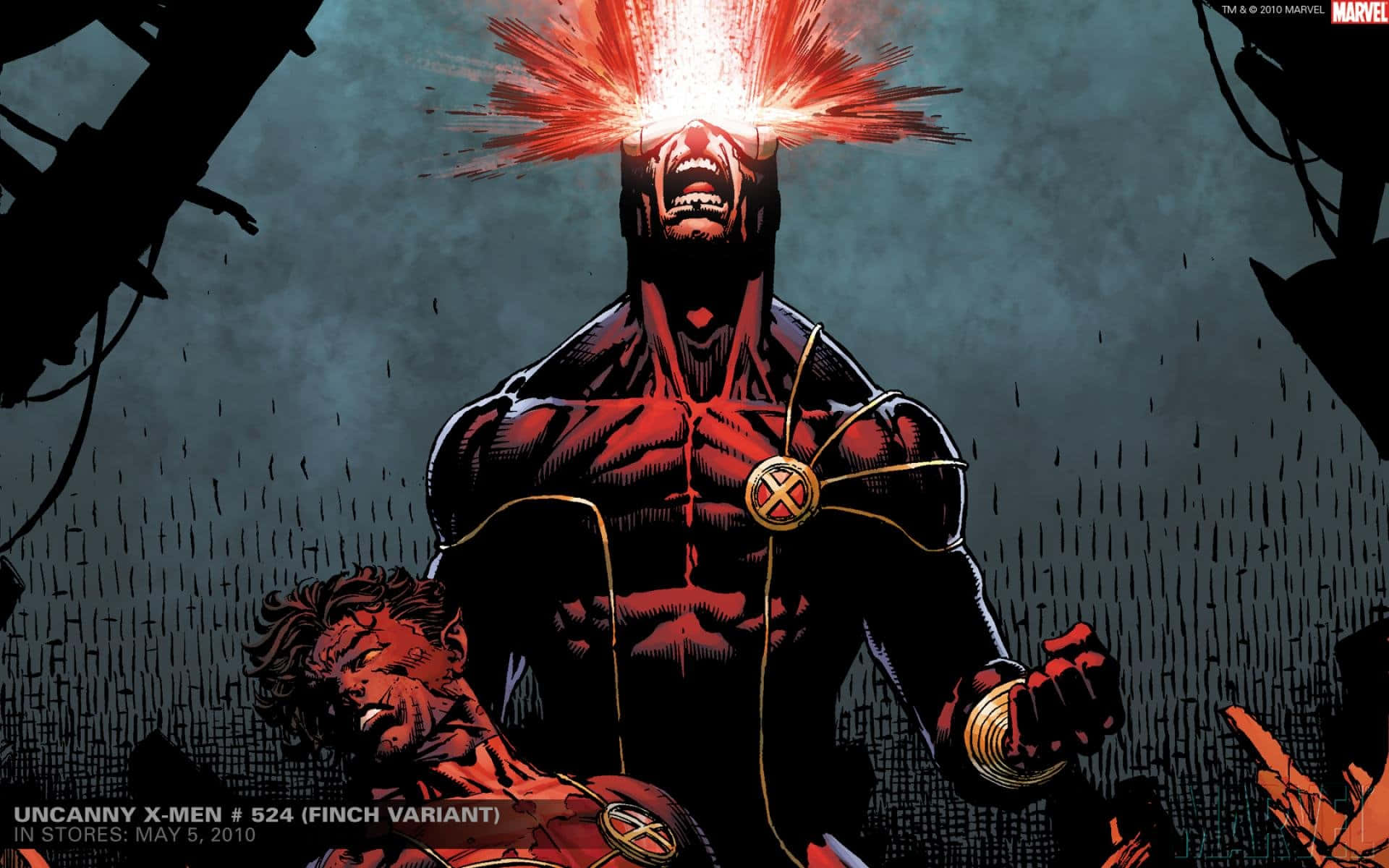Uncanny X-men Cyclops 壁紙 — 一個肌肉發達的超級英雄，眼睛發出紅光，頭部爆發出能量，在黑暗的雨景中挑釁地站立。