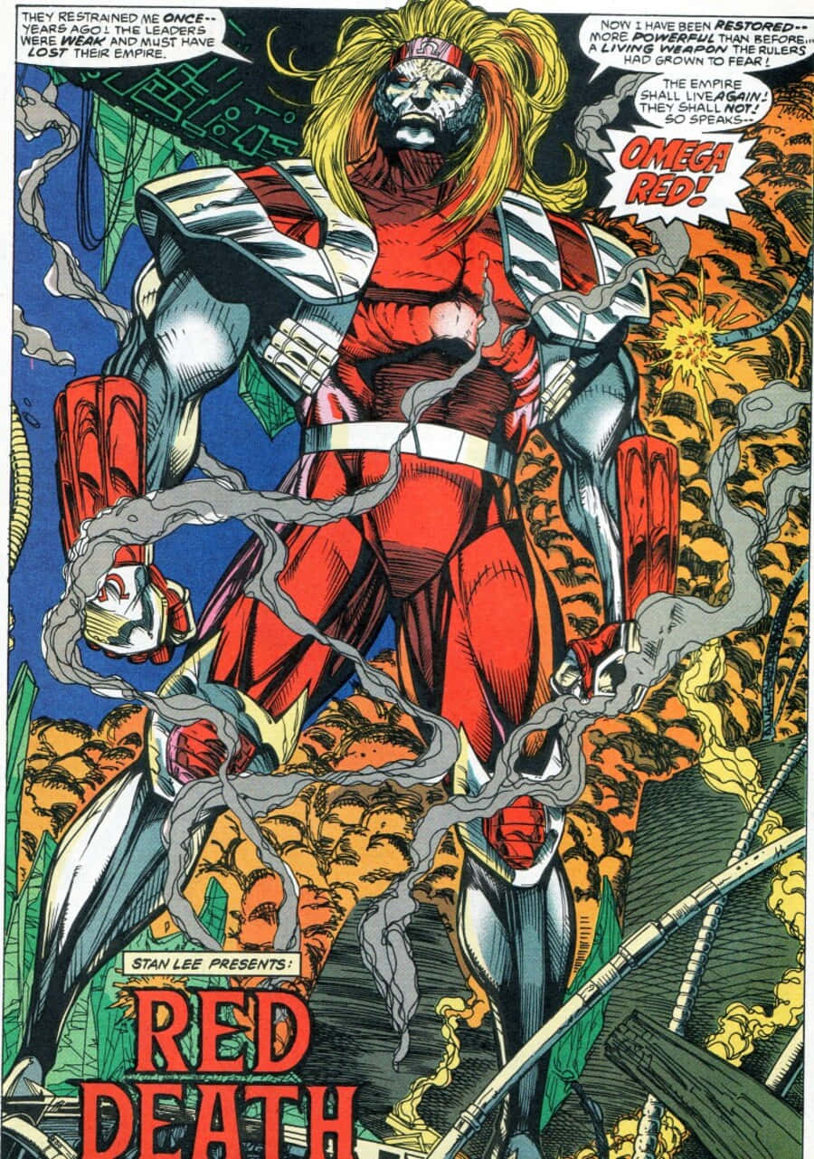 Omega Red 桌布 壁紙 — 一個肌肉發達的超級英雄，身穿紅色和銀色盔甲，金髮，站在漫畫格中的煙霧和火焰爆炸中。