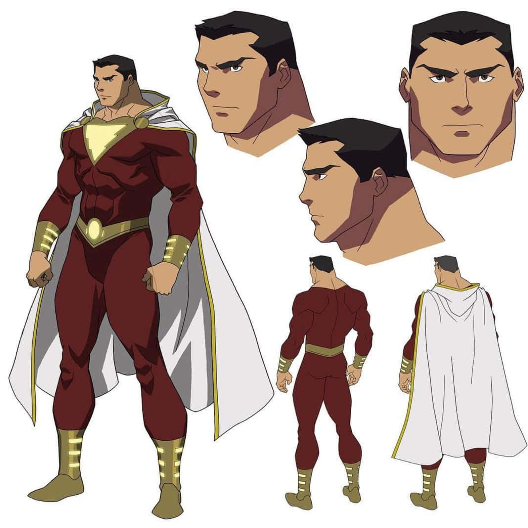 Justice League War 桌布 壁紙 — 一個肌肉發達的超級英雄穿著紅色緊身衣和白色披風，配有金色裝飾，從多個角度展示的完整角色設計圖。