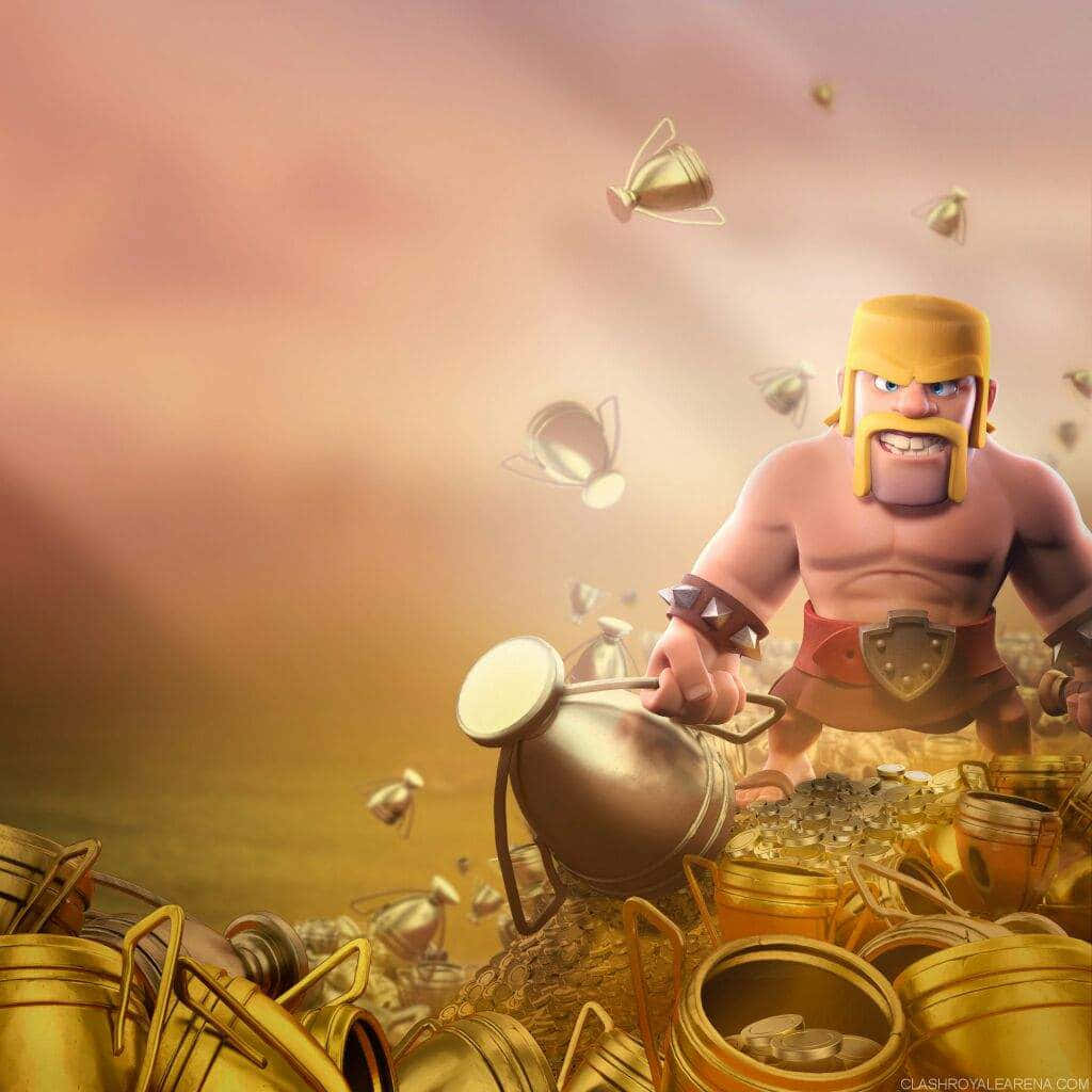 Clash Royale 桌布 壁紙 — 一個肌肉發達的野蠻人英雄從一個巨大的鍋中倒出金幣，周圍漂浮著獎盃和寶箱。