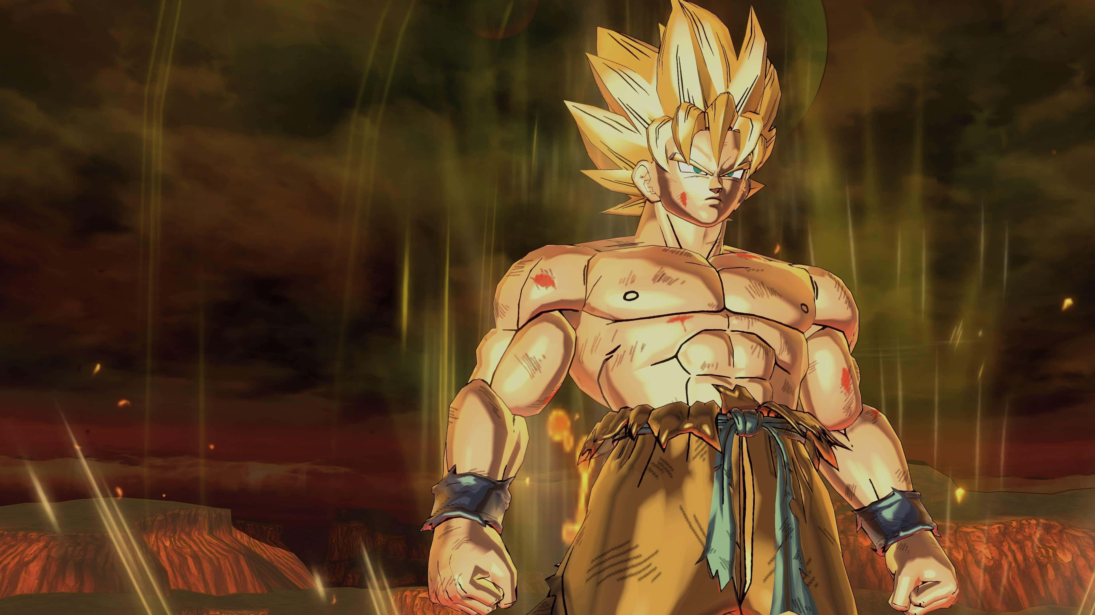 Dragon Ball Xenoverse 桌布 壁紙 — 一個肌肉發達的金髮戰士在風暴天空下的火熱戰場上挑釁地站立。