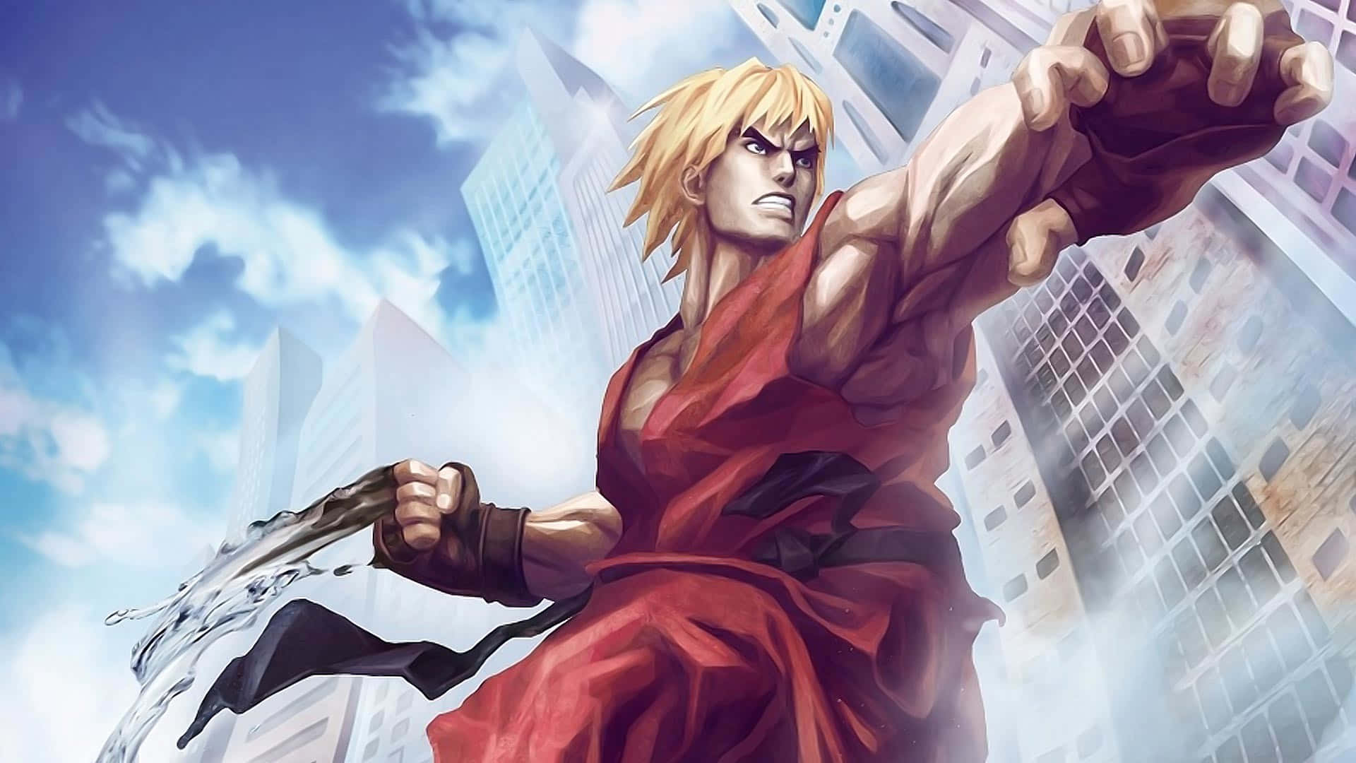 Street Fighter Characters 桌布 壁紙 — 一個肌肉發達的金髮戰士穿著紅色道服，在晴朗藍天下高聳的城市摩天大樓背景下，專注地向前出拳。