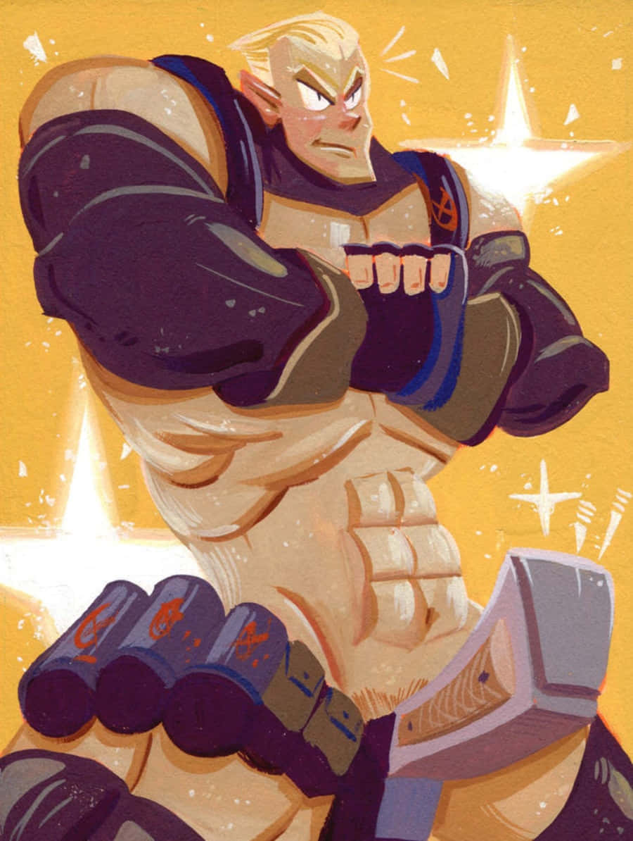 Ira Gamagoori 桌布 壁紙 — 一個肌肉發達的金髮戰士穿著紫色盔甲，在閃耀的金色背景前握緊拳頭，背景有星爆效果。