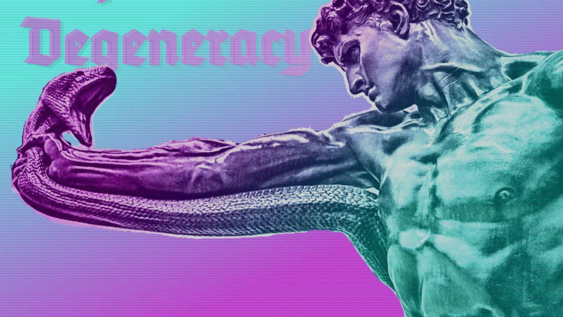 Statue Aesthetic 桌布 壁紙 — 一個肌肉發達的雕像人物，擁有蛇臂，背景是充滿活力的紫色和藍綠色漸變，並帶有風格化文字「Degeneracy」。