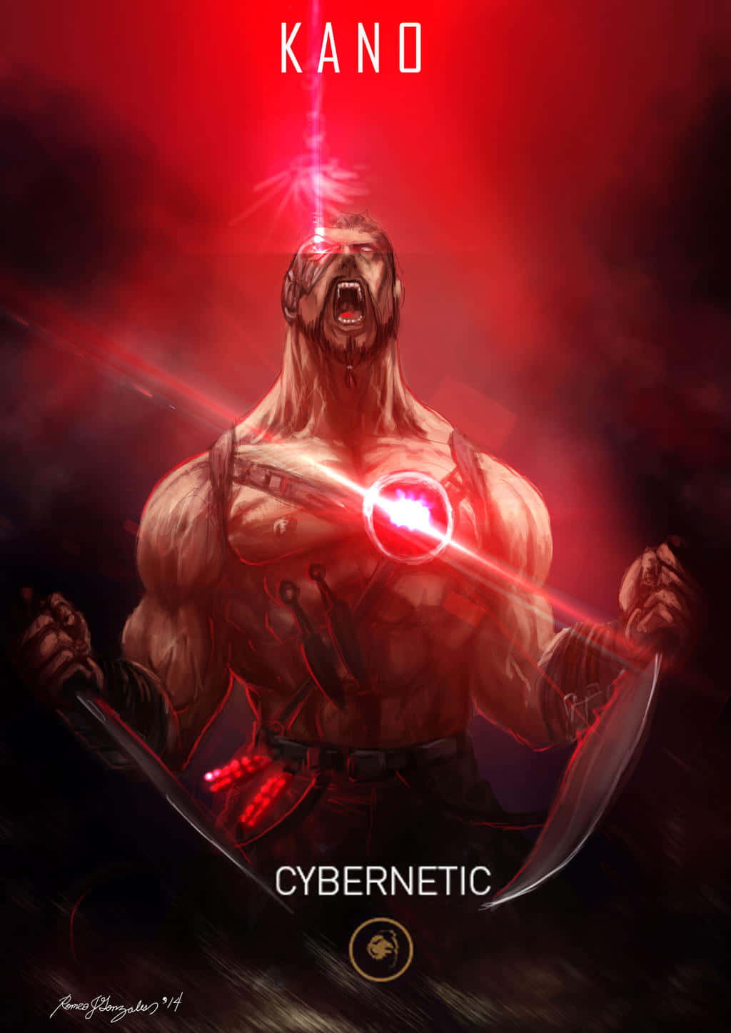 Mortal Kombat Kano 桌布 壁紙 — 一個肌肉發達的電子戰士卡諾在深紅色背景前咆哮，眼睛和胸部植入物發出紅光。